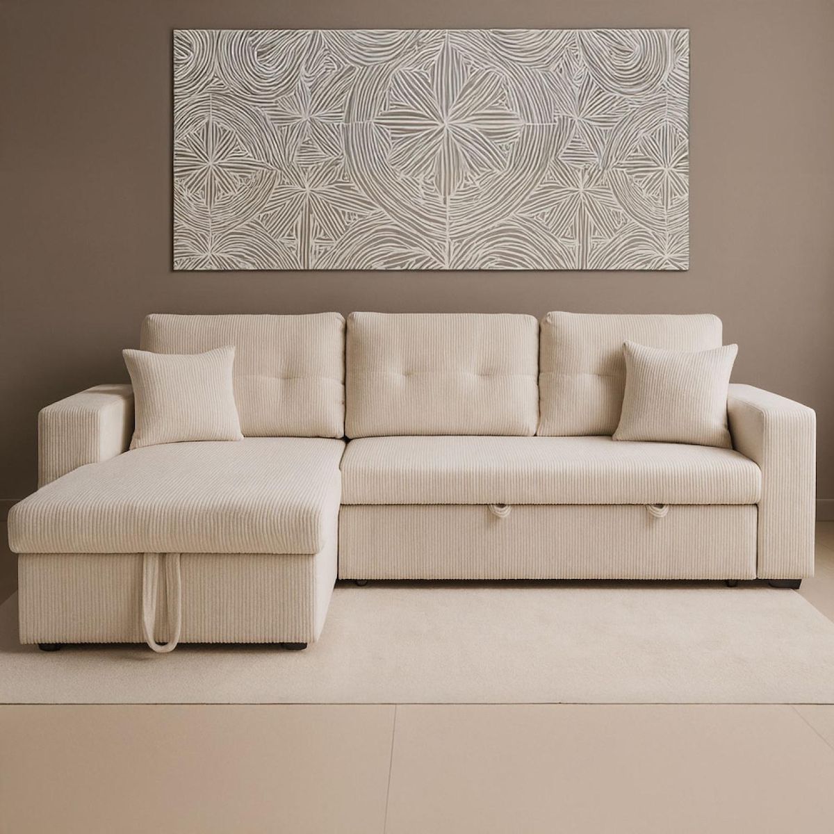 CONCEPT USINE Canapé d'angle convertible 4 places avec coffre en velours côtelé beige GLASGOW