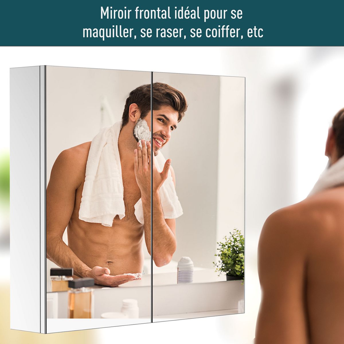 HOMCOM Armoire miroir rangement toilette salle de bain meuble mural dim. 60L x 12l x 55H cm acier inox.