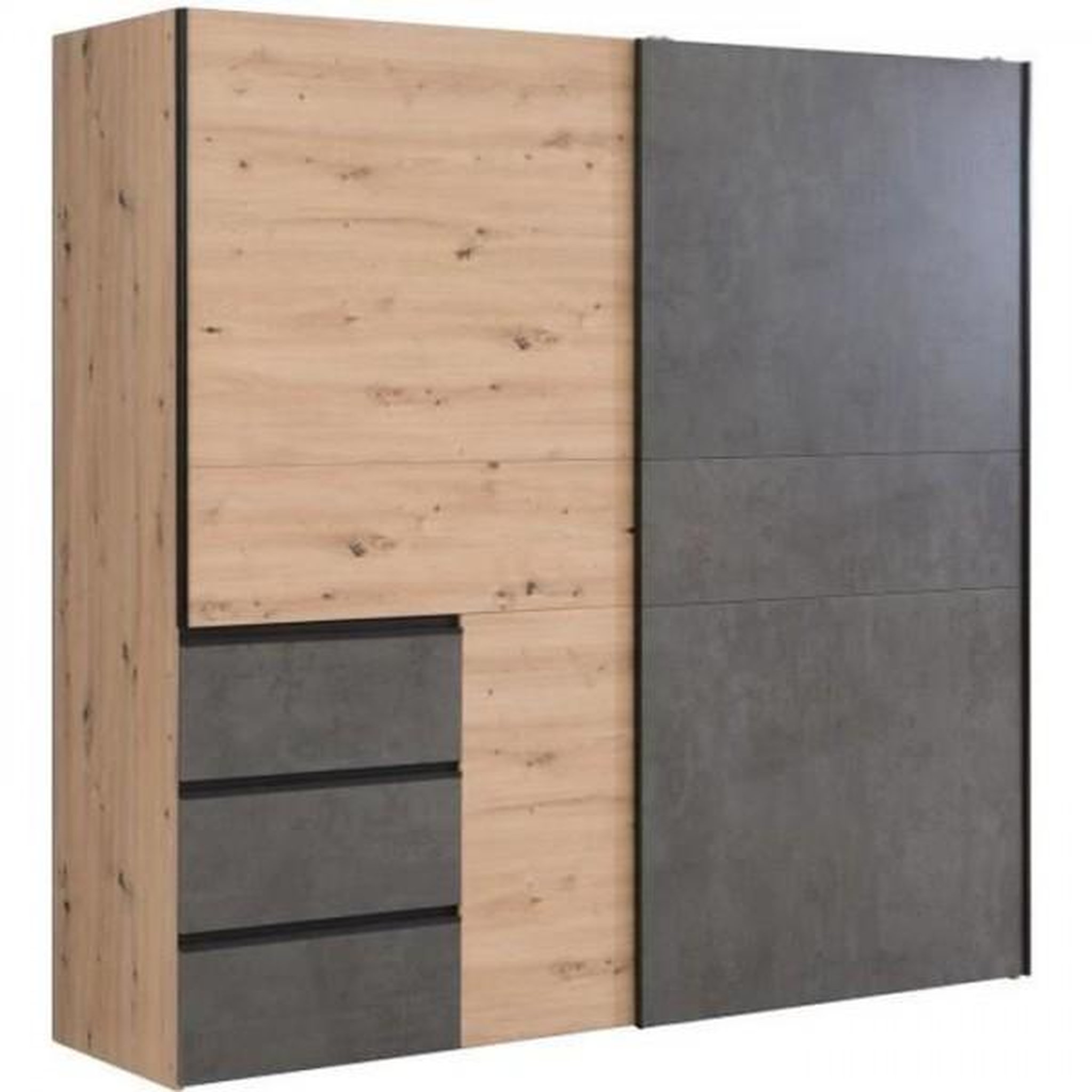 MARKET24 Armoire 2 portes coulissantes 3 tiroirs - Décor chene artisan et béton gris - L 200,1 x P 61,2 x H 200,5 cm - WINN2