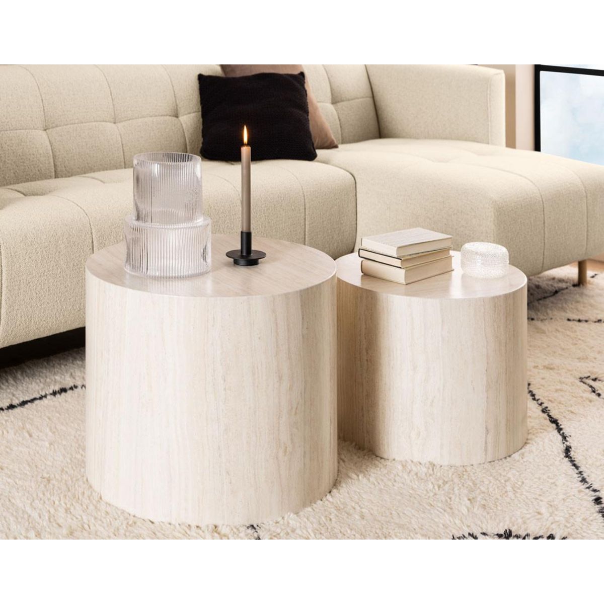 LISA DESIGN Pueblo - lot de 2 tables basses rondes - effet travertin - 58 et 50 cm