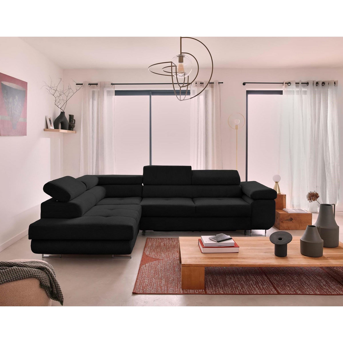 BEST MOBILIER Zaria - canapé d'angle gauche - convertible avec coffre et têtières réglables - 5 places - en velours côtelé