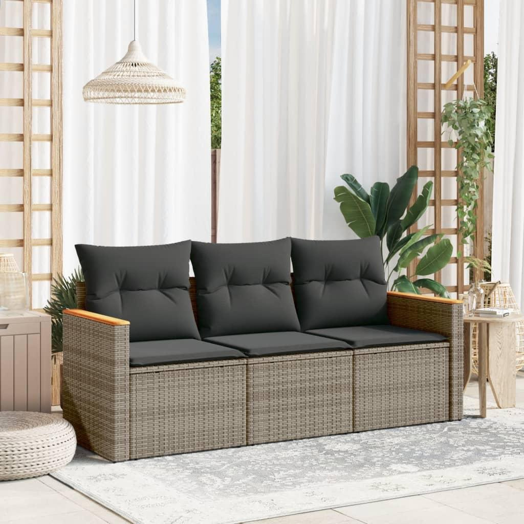 VIDAXL Salon de jardin avec coussins 3 pcs gris resine tressee