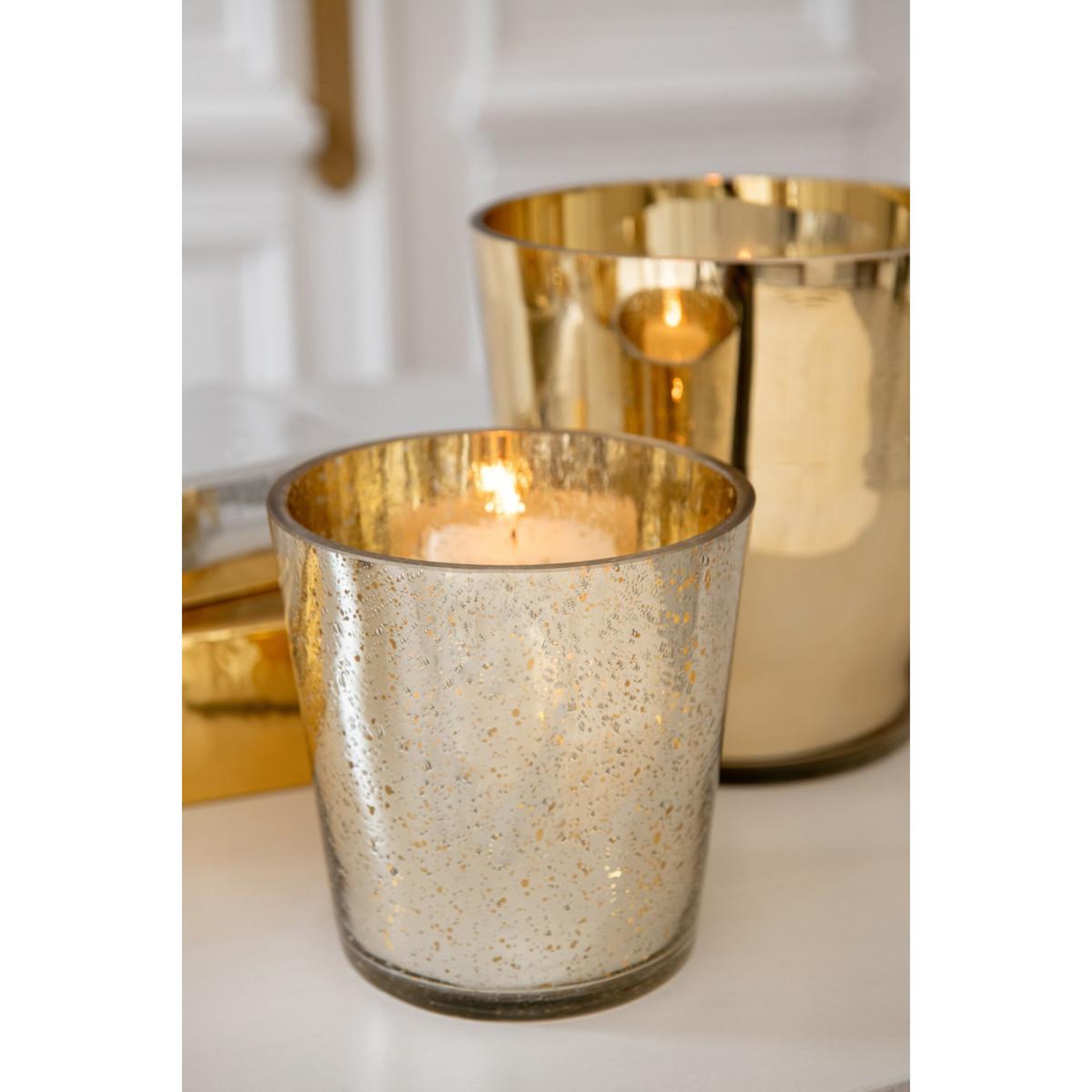 Voir la diapositive 4 : J-LINE Photophore design en verre  sparkle  16cm argenté