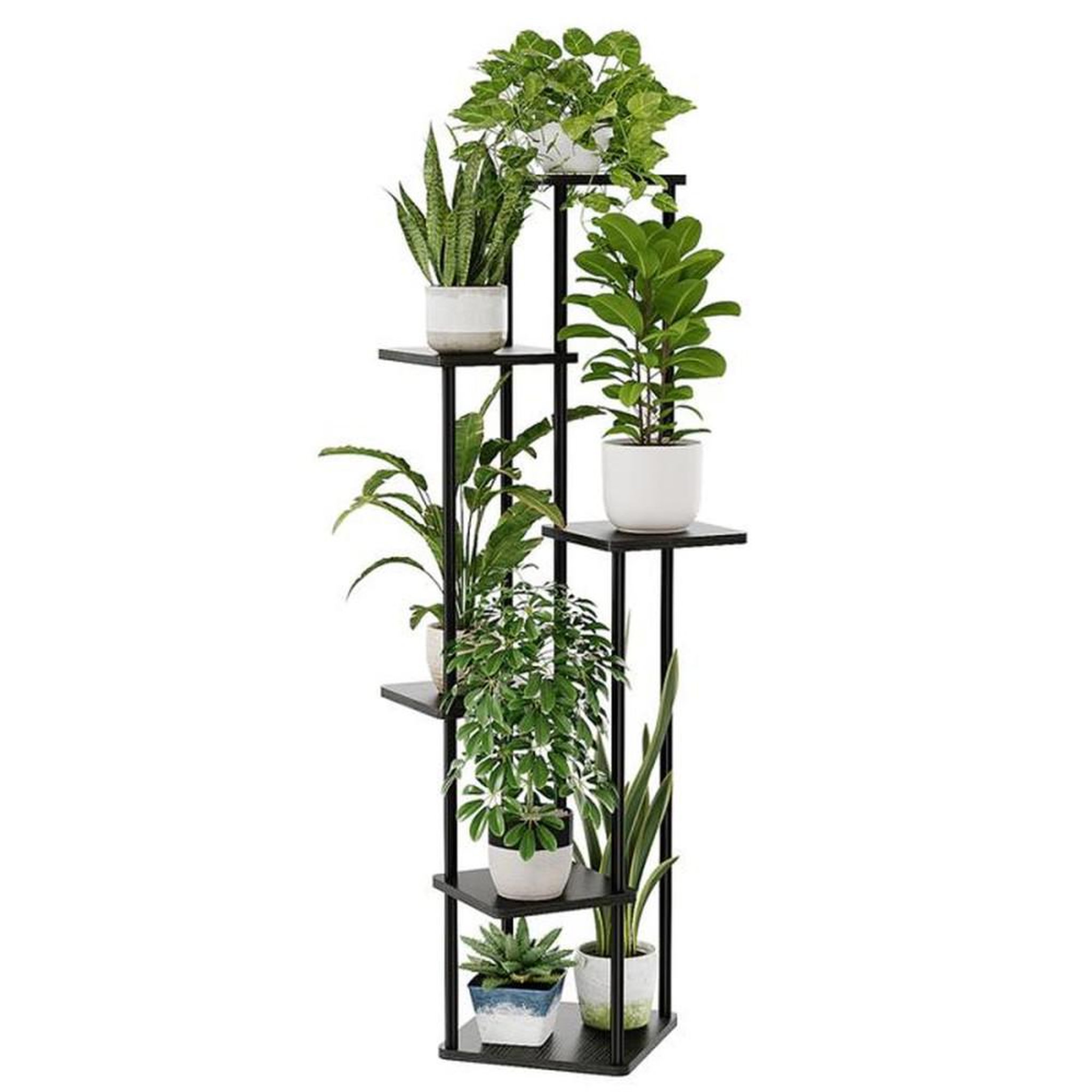 Support plante à 6 niveaux 130 cm noir métal et bois, présentoir intérieur extérieur