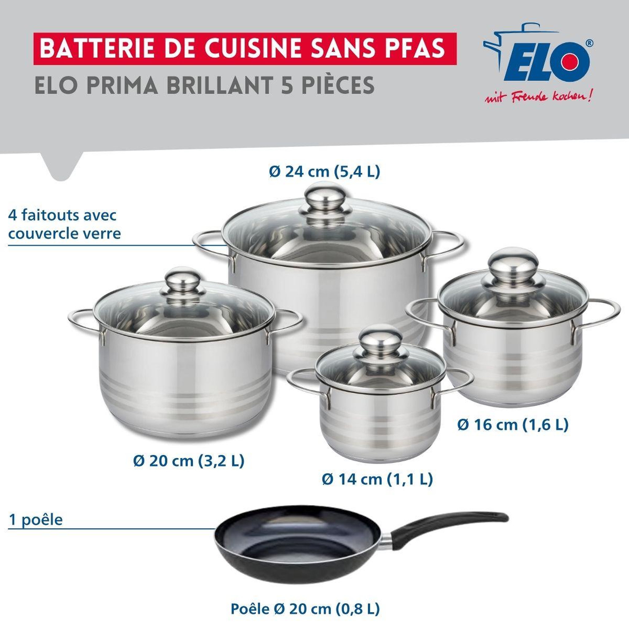 Voir la diapositive 2 : ELO Ensemble de 1 poêle de cuisson 20 cm et 4 faitouts 14, 16, 20 et 24 cm elo prima brillant