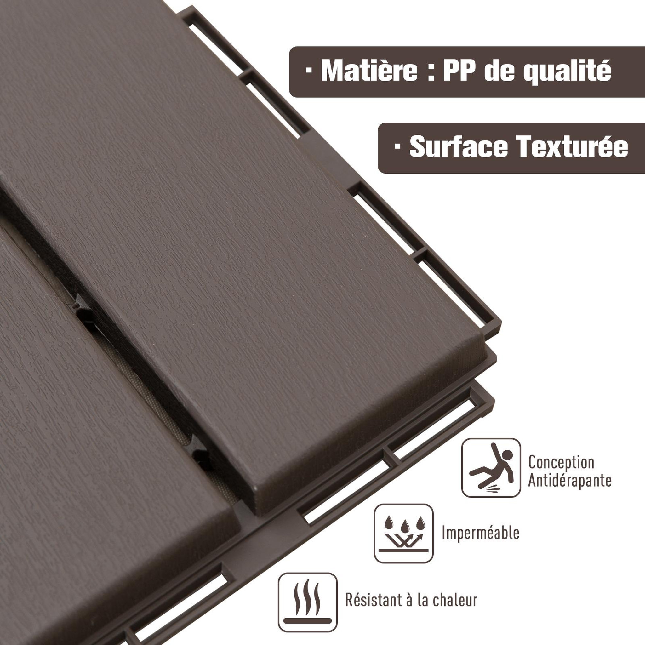 Voir la diapositive 5 : OUTSUNNY Caillebotis - dalles terrasse - lot de  9 - emboîtables, installation très simple - petits carreaux composite plastique imitation bois chocolat