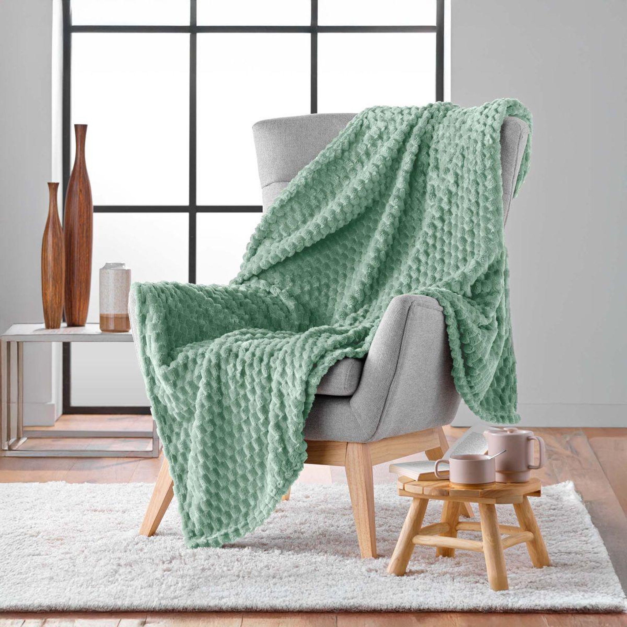 Voir la diapositive 3 : Douceur d'Intérieur Plaid flanelle en relief  mini frosty  125x150cm sauge