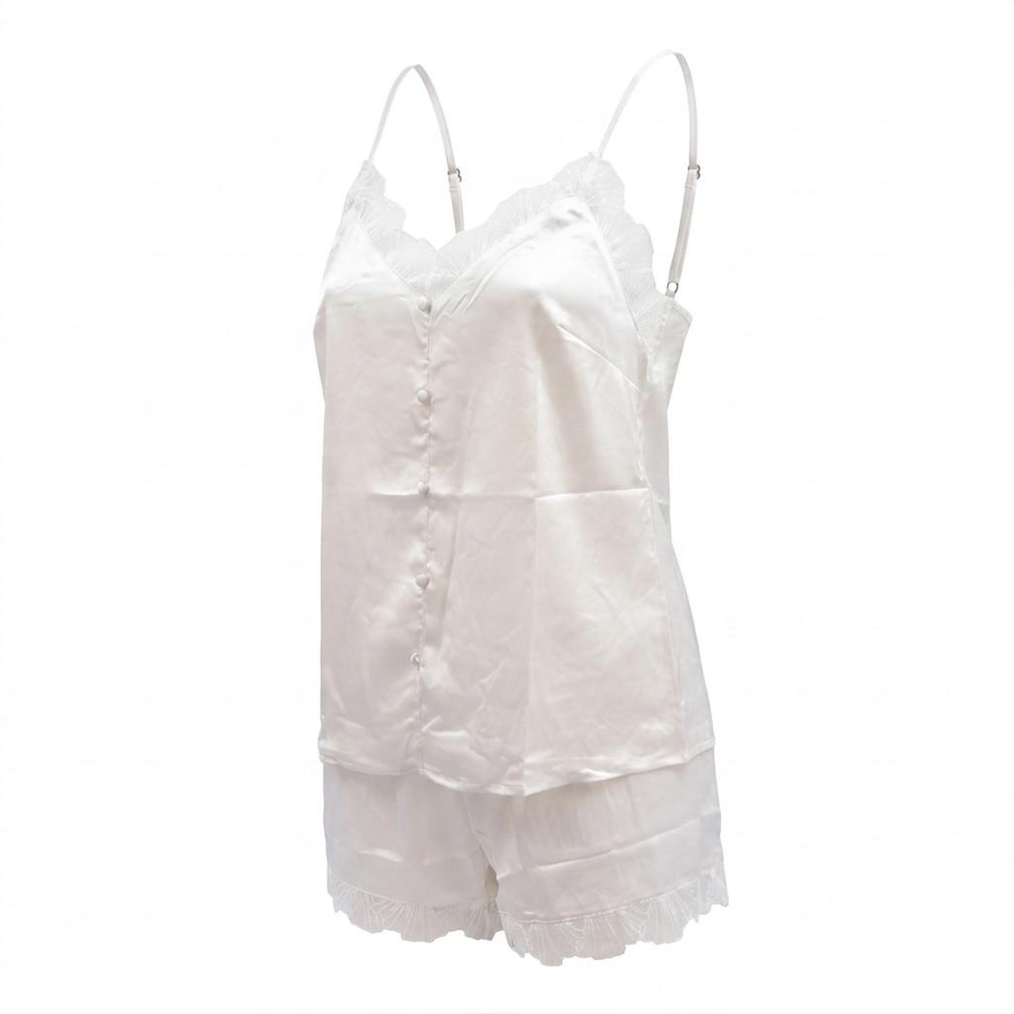 Voir la diapositive 1 : OZABI OZABI Pyjama Femme Satiné Débardeur Col V Dentelle Effet Soie Short