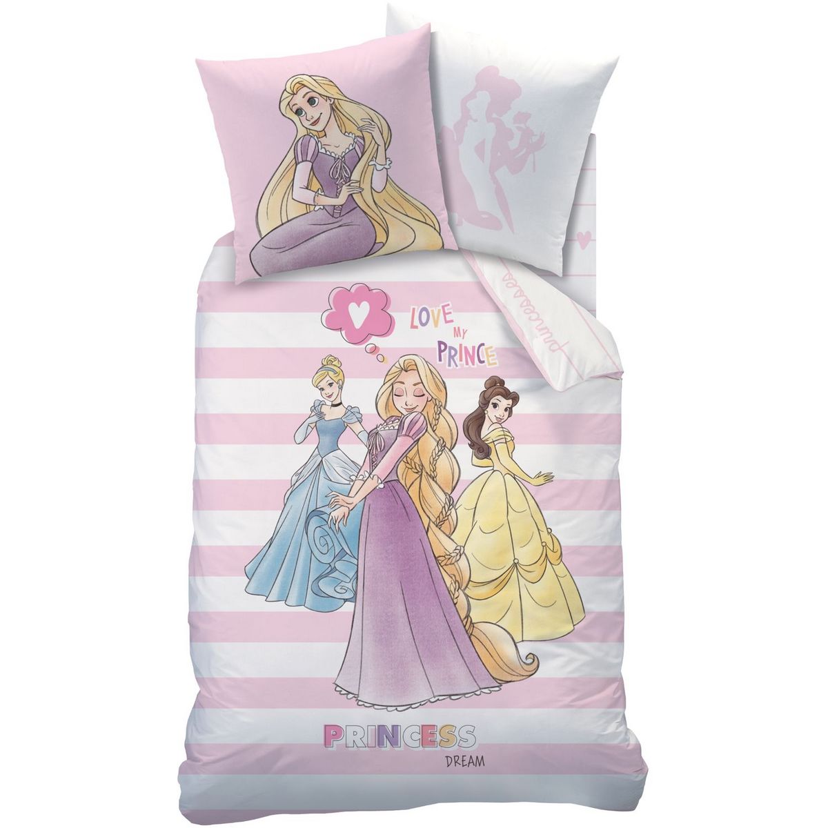 PRINCESS DISNEY Parure housse de couette enfant fantaisie en coton 57 fils PRINCESSES STRIPES