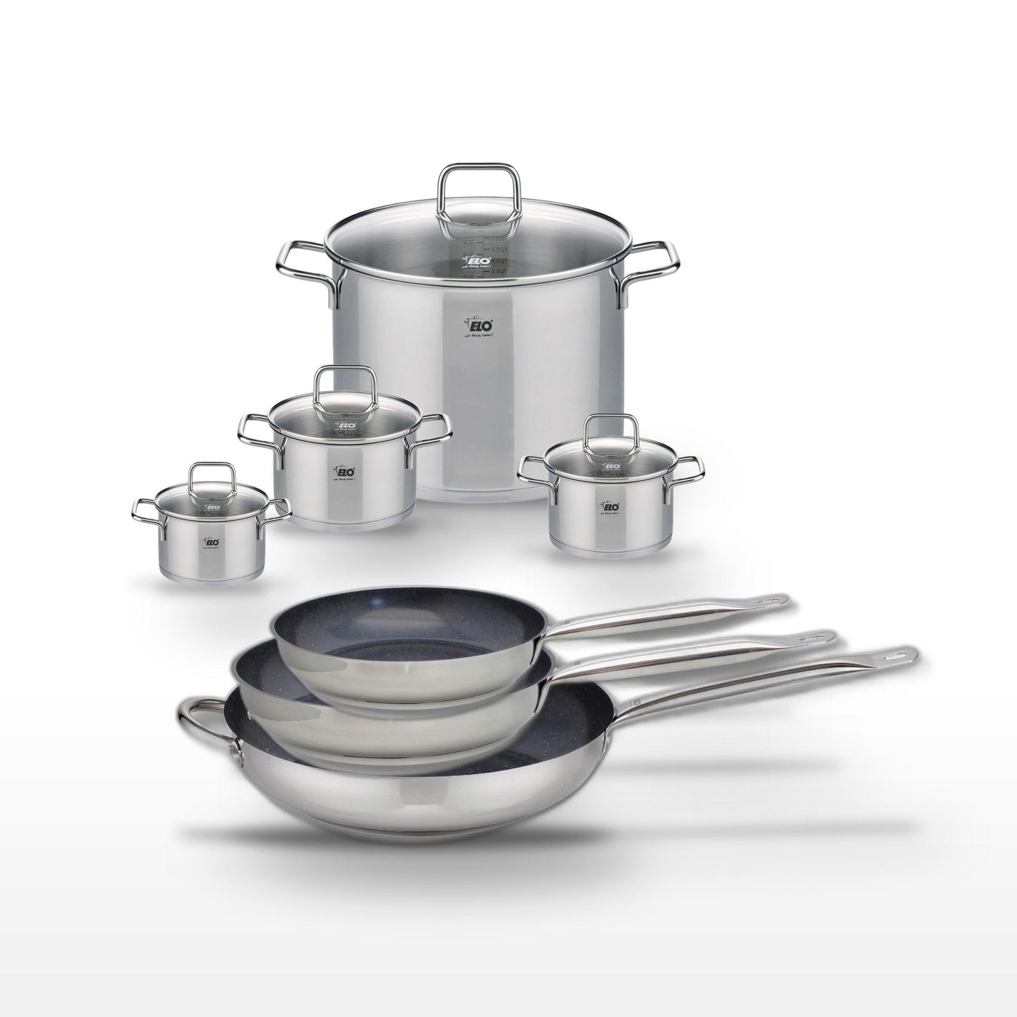 ELO Lot de 3 poêles 24/28/32 cm elo profi therm platinum et 4 faitouts elo citrin