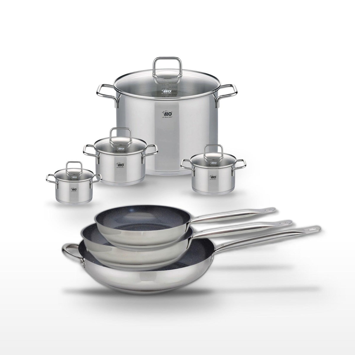 ELO Lot de 3 Poêles 24/28/32 cm Elo Profi Therm Platinum et 4 Faitouts Elo Citrin