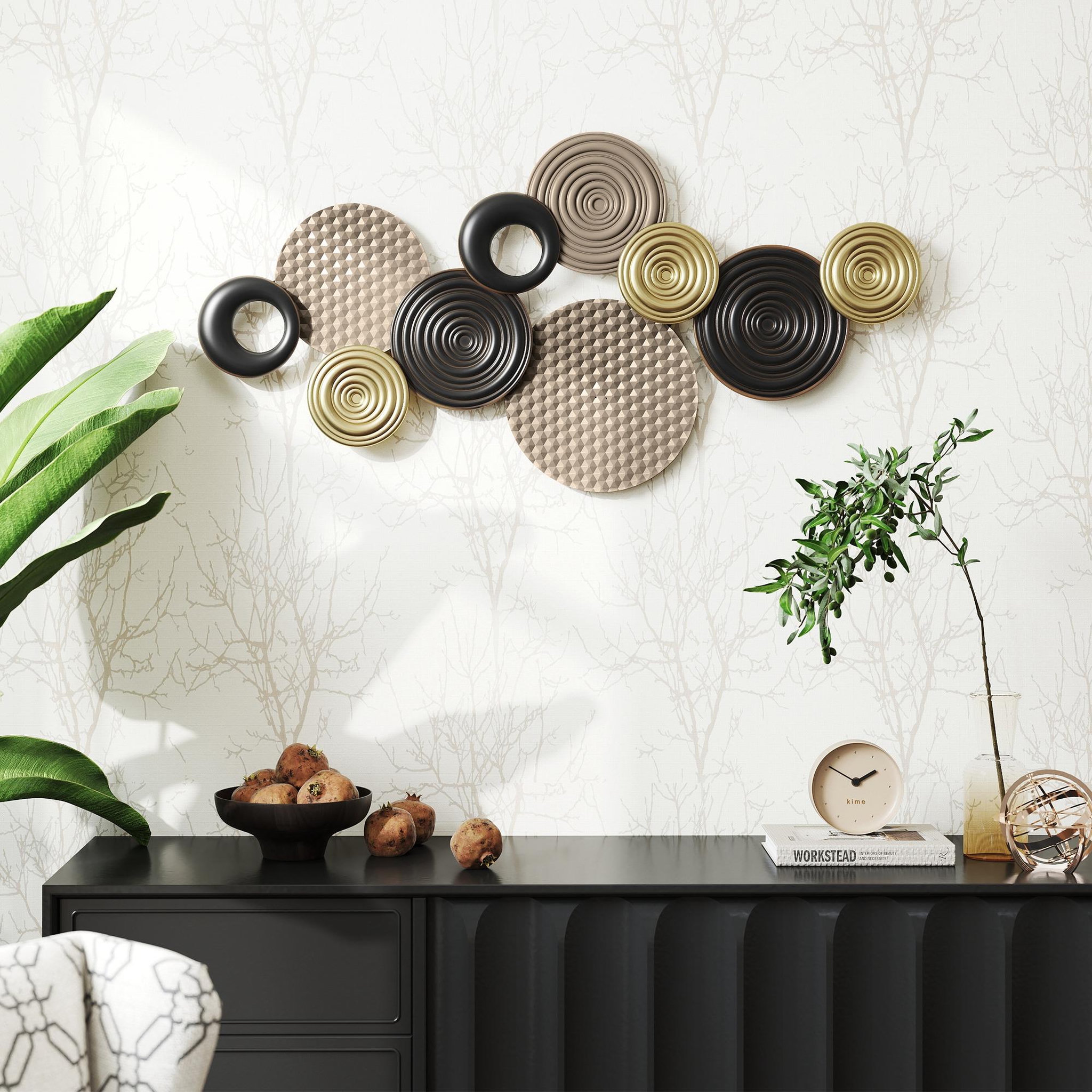 Voir la diapositive 2 : HOMCOM Décoration murale métal doré géométrique 10 disques 100 x 50 cm tricolore noir doré taupe clair