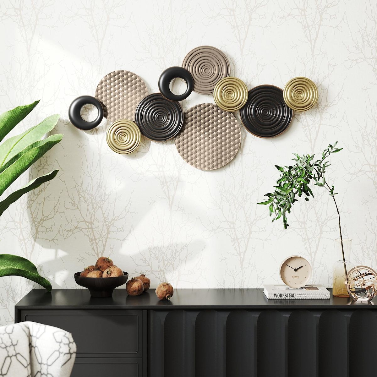 HOMCOM Décoration murale métal doré géométrique 10 disques 100 x 50 cm tricolore noir doré taupe clair