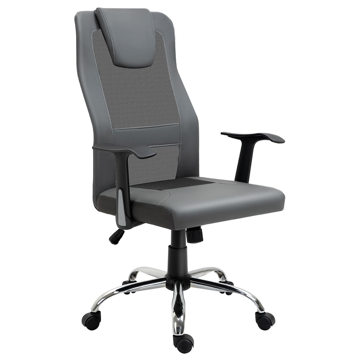 HOMCOM Fauteuil de bureau ergonomique hauteur assise réglable pivotant 360° revêtement synthétique et maille gris
