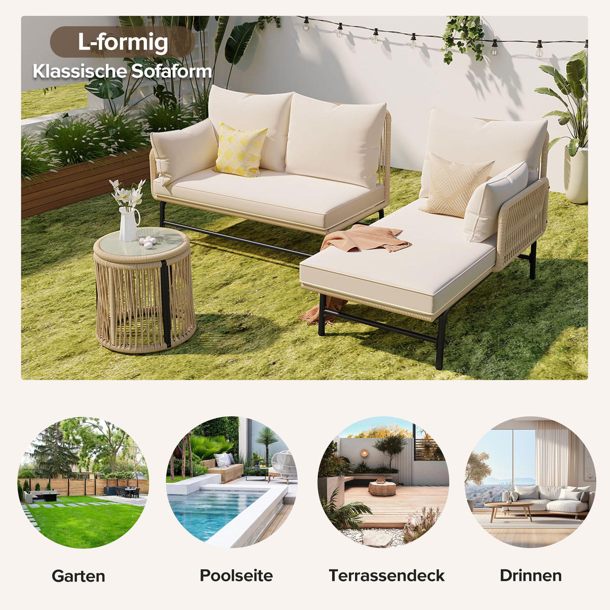 Voir la diapositive 5 : MERAX Salon de jardin 6 places en fer avec 2 fauteuils, 2 canapés, 2 tables, coussins, beige