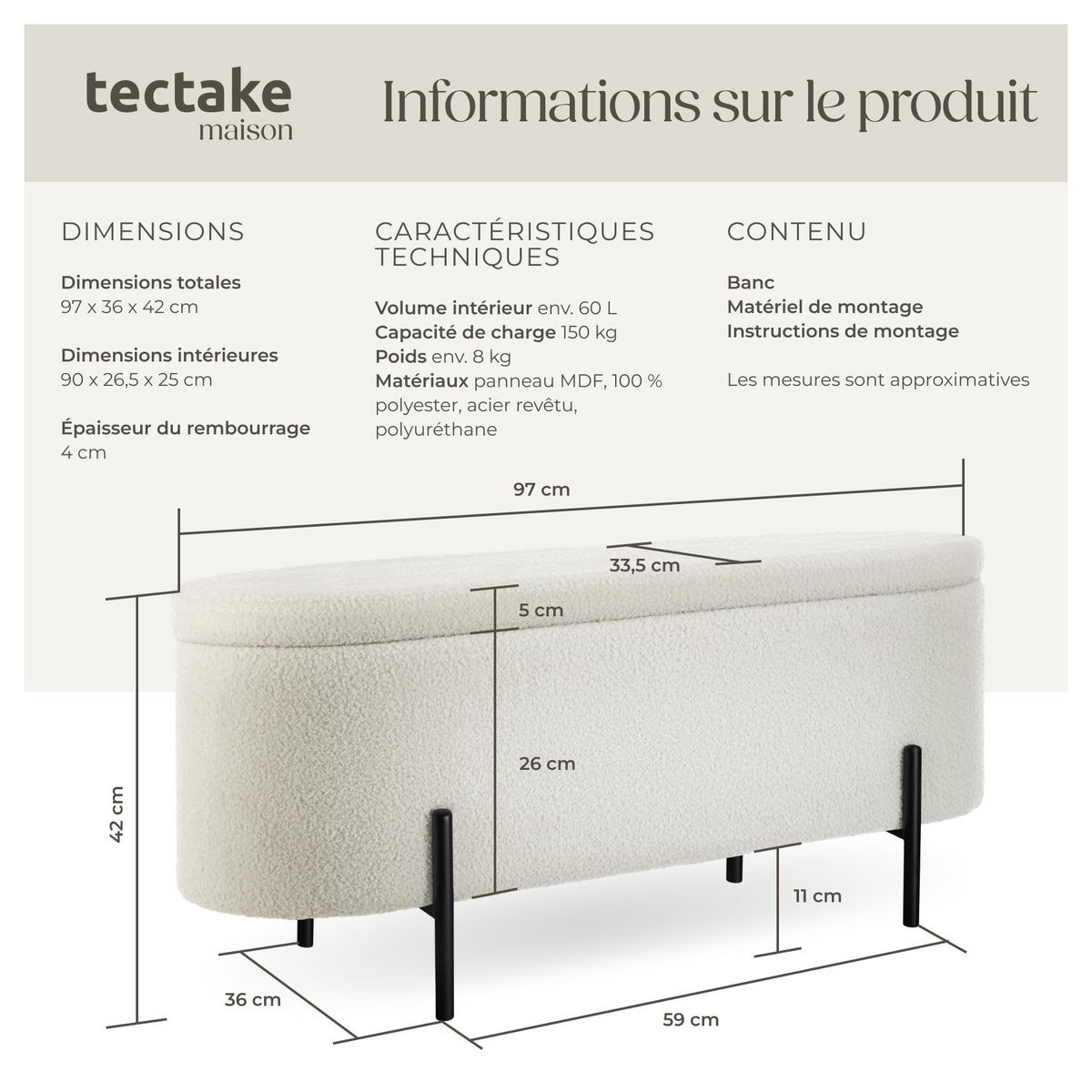 tectake Banc en tissu bouclé Bouclé crème/ blanc