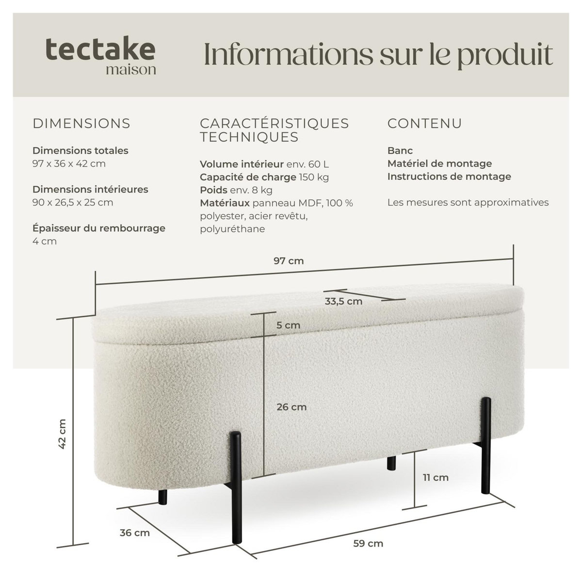 tectake Banc en tissu bouclé Bouclé crème/ blanc