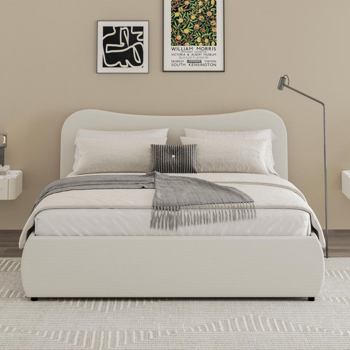 CONCEPT USINE Lit coffre 140x190cm design arrondi velours côtelé beige PLANO