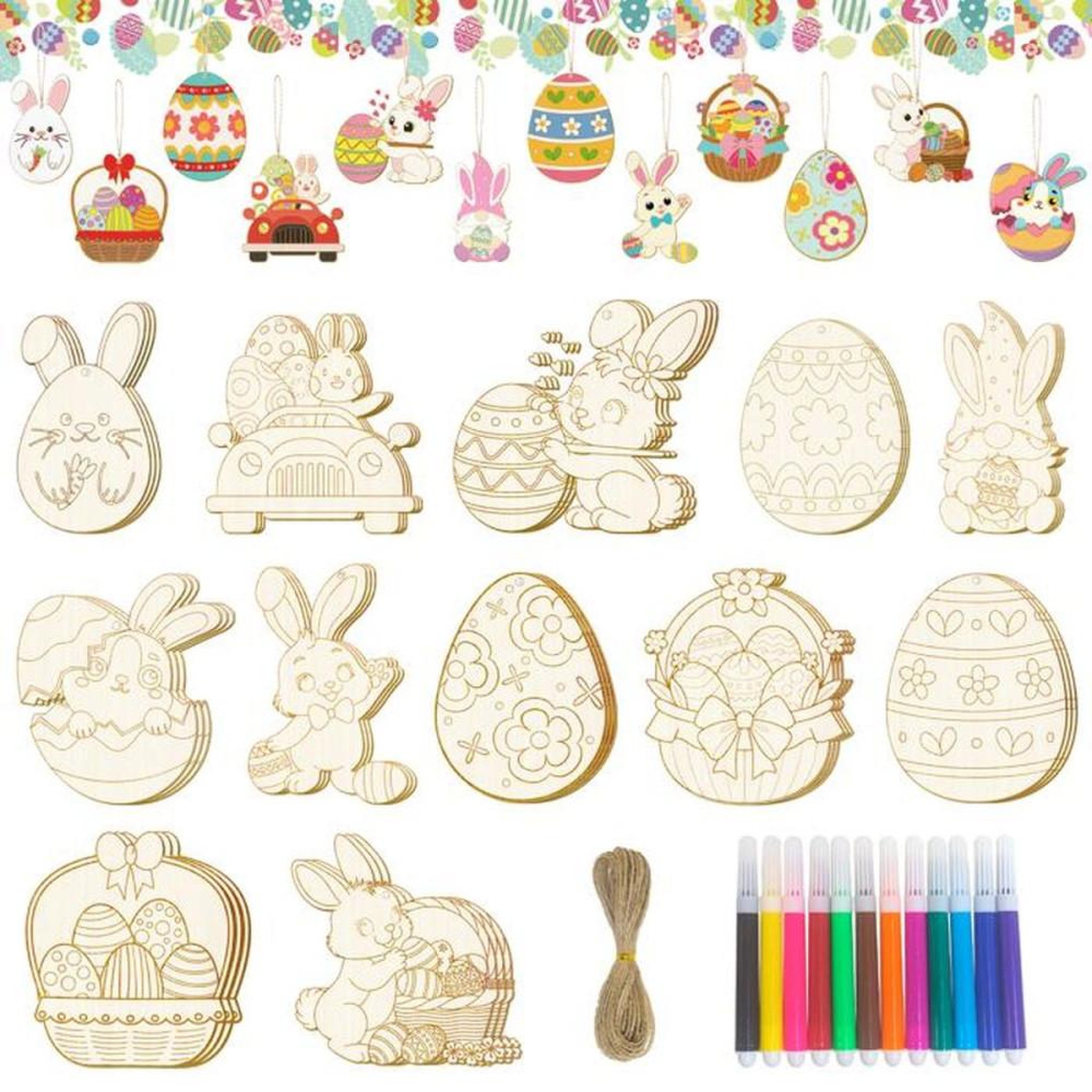 Ornements de Pâques DIY en bois à colorier, lot 49 pièces avec 12 marqueurs et ficelle