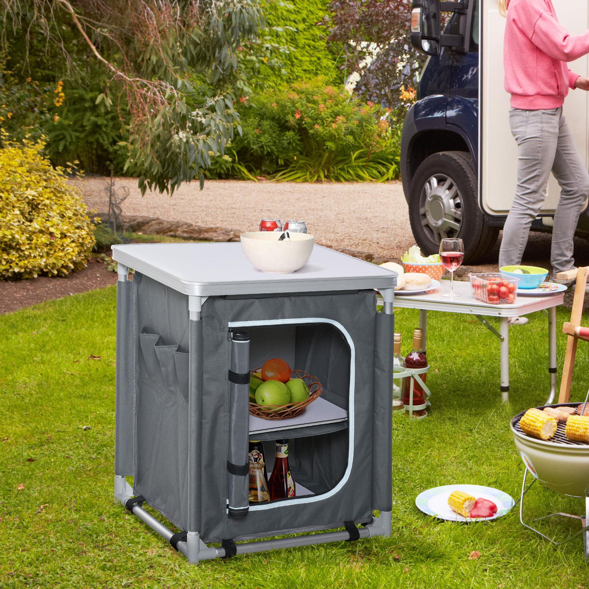 Voir la diapositive 2 : OUTSUNNY Cuisine de camping - armoire de camping - plan de travail, nombreux rangements, sac transport inclus - armature alu. Oxford gris