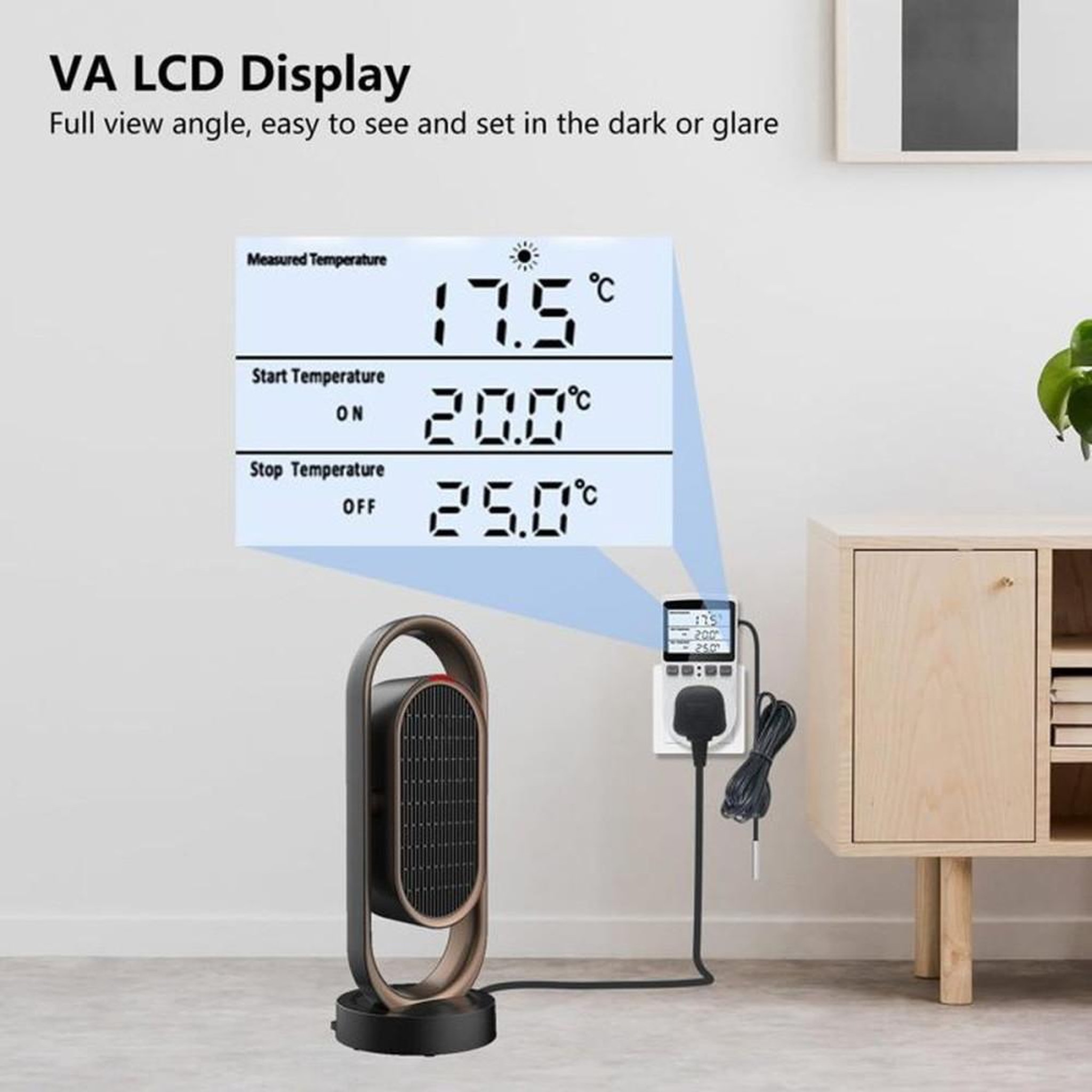 Voir la diapositive 2 : Thermostat digital à prise plug-in avec sonde NTC 3 m, écran LCD rétroéclairé réglable, mode chauffage ou refroidissement, programmation jusqu'à 99 h 59, 16A