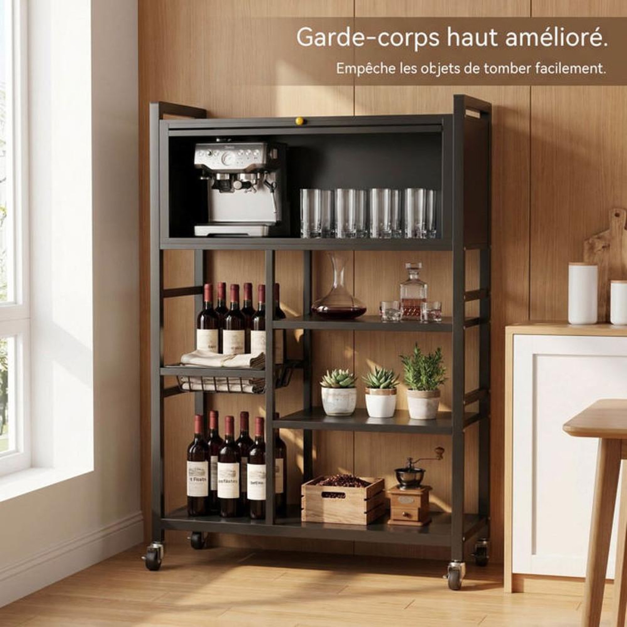 Voir la diapositive 5 : Chariot étagère cuisine 5 niveaux noir en inox avec porte translucide et panier, 4 roulettes universelles dont 2 avec frein