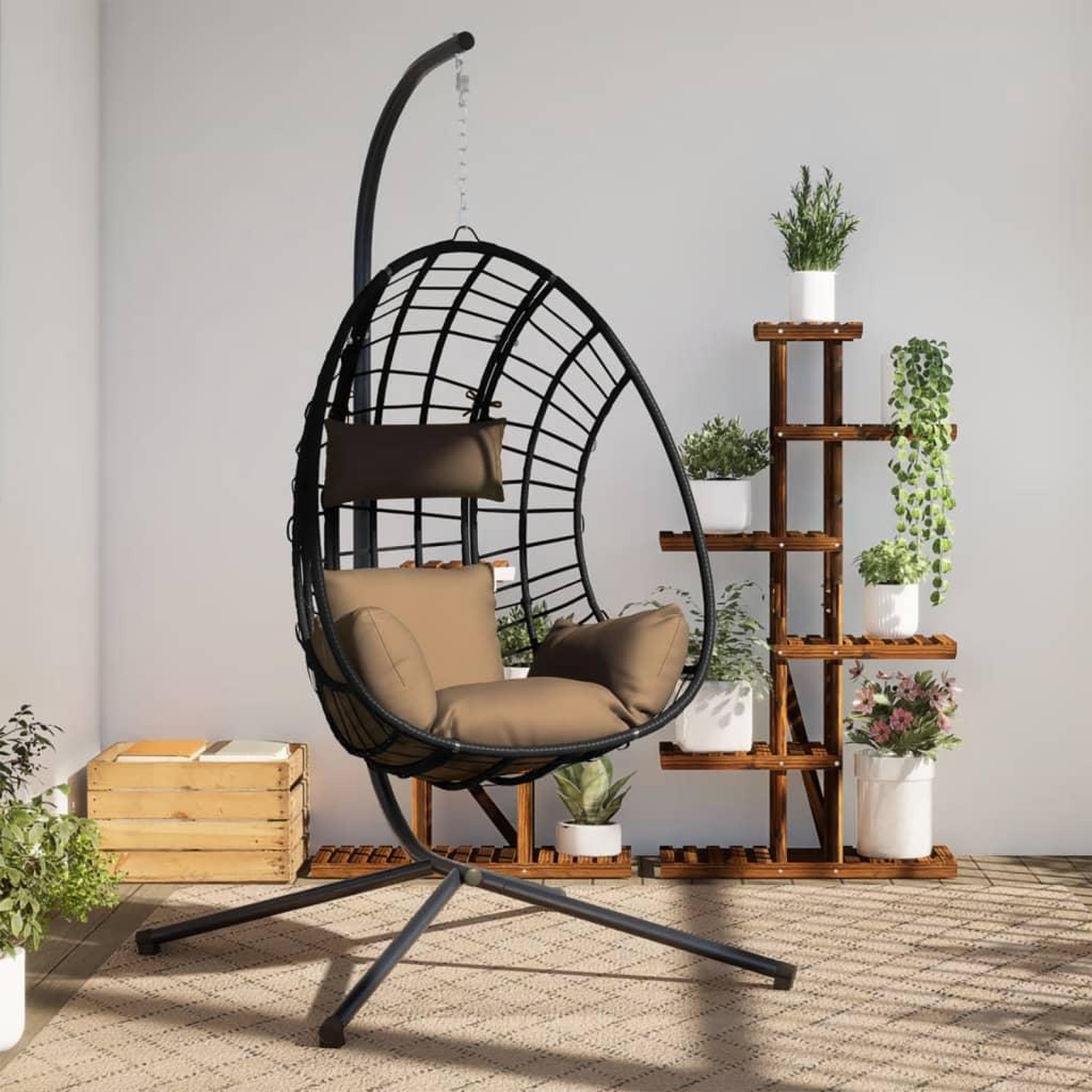 VIDAXL Chaise suspendue en forme d'œuf et support taupe rotin et acier