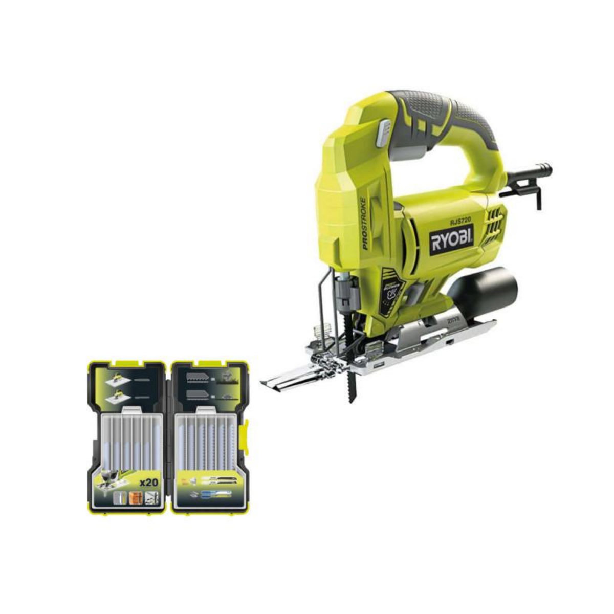 Ryobi Pack RYOBI Scie sauteuse électrique 500W RJS720-G - Coffret de 20 lames RAK20JB