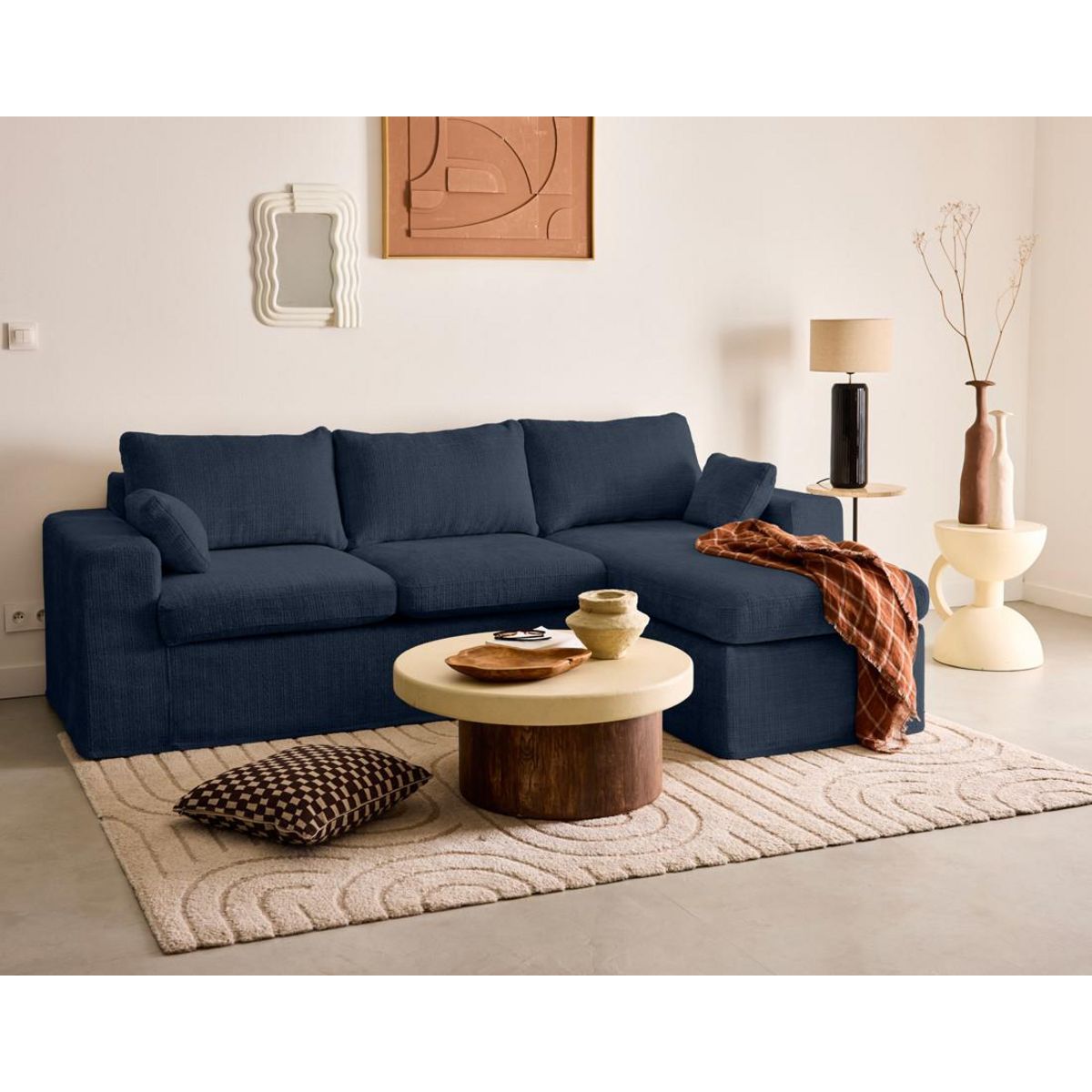 LISA DESIGN Calgary - canapé d'angle déhoussable et modulable 3 places + 1 pouf en velours texturé