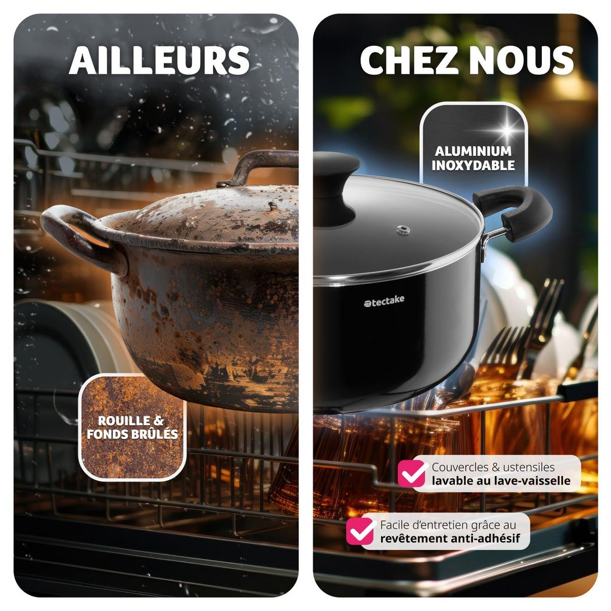 tectake Set de batterie de cuisine 15 pièces noir