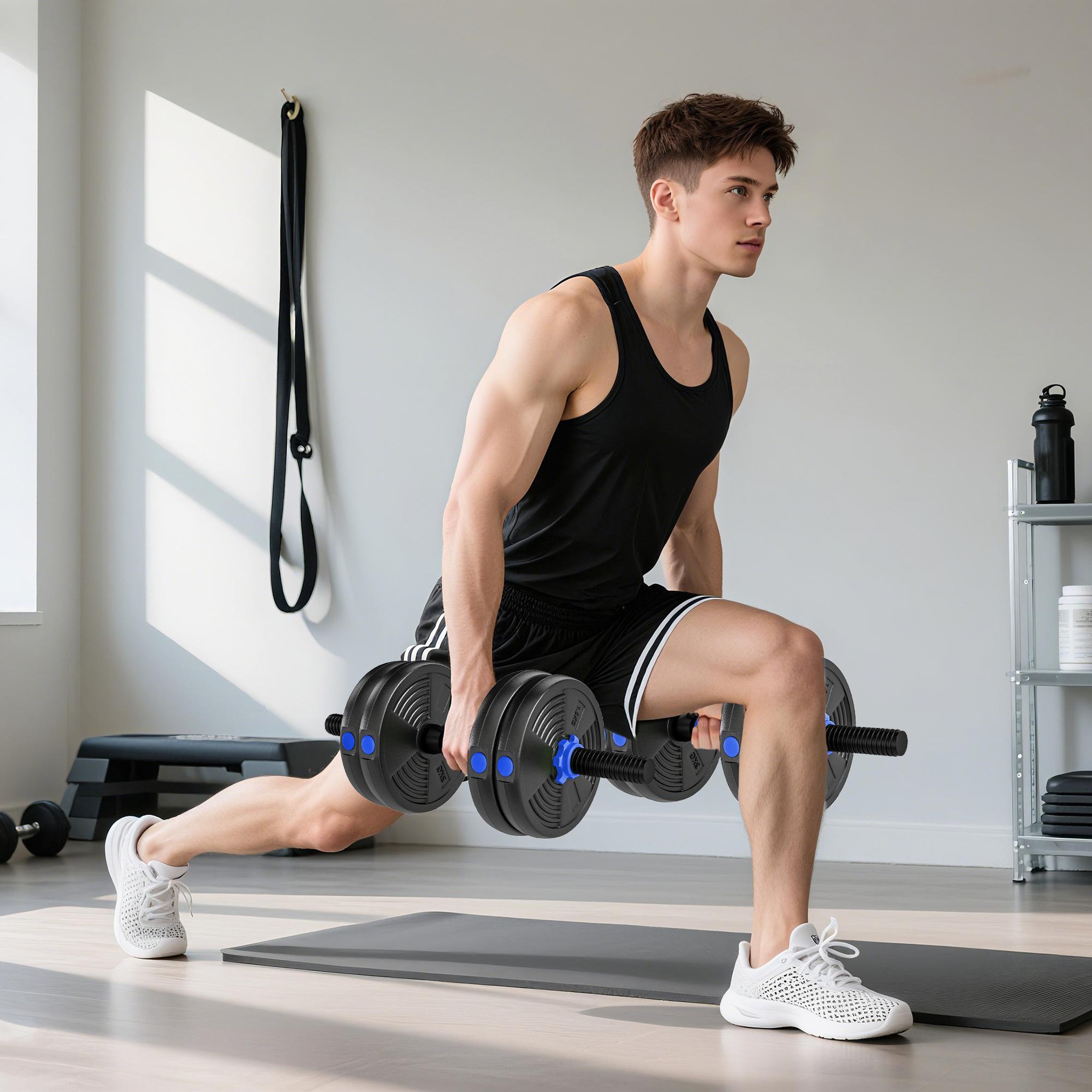 Voir la diapositive 2 : HOMCOM Ensemble d'haltères musculation multifonction 3 en 1 - haltères, olympic barre, curl ez barre - total 15kg - pvc bleu noir