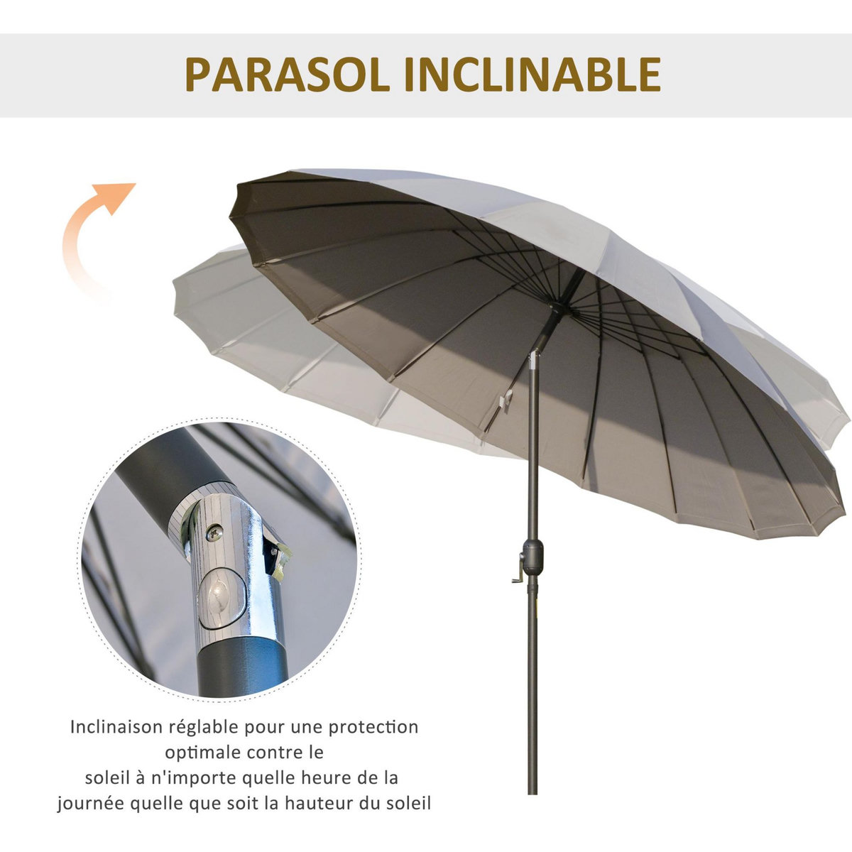 OUTSUNNY Parasol inclinable rond avec manivelle métal fibre de verre Ø 2,55 m polyester haute densité gris