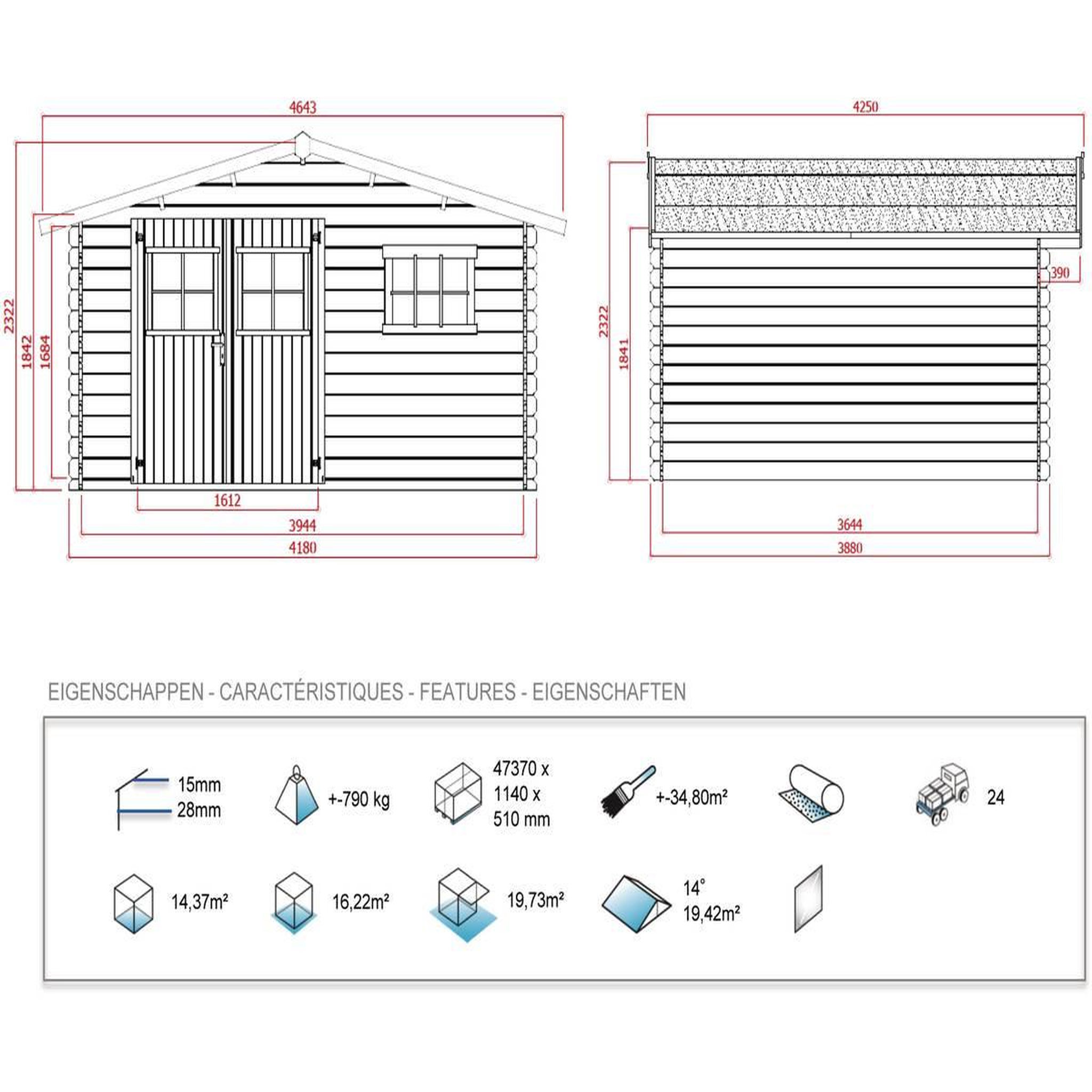 Voir la diapositive 3 : Habitat et Jardin Abri jardin bois - 19,72 m² - 4.64 x 4.25 x 2,32 m - 28 mm