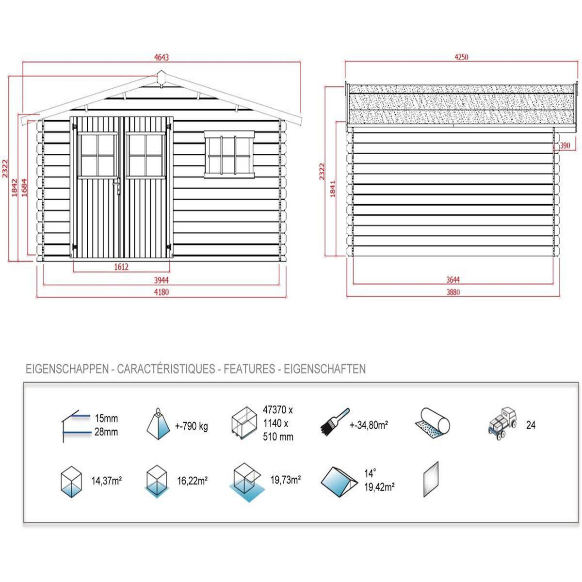 Habitat et Jardin Abri jardin bois - 19,72 m² - 4.64 x 4.25 x 2,32 m - 28 mm