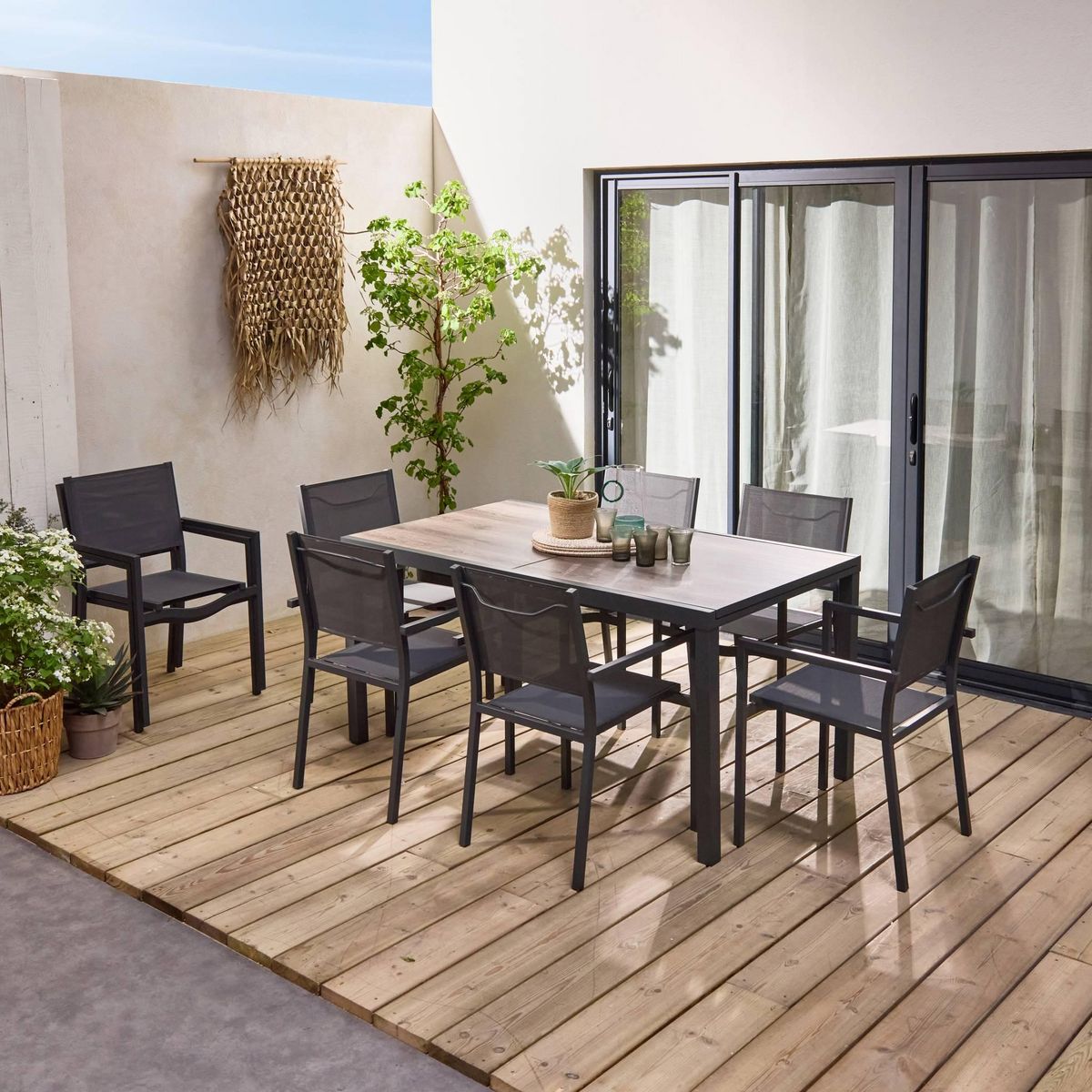 SWEEEK Table jardin extensible aluminium + 8 assises empilables aluminium et textilène