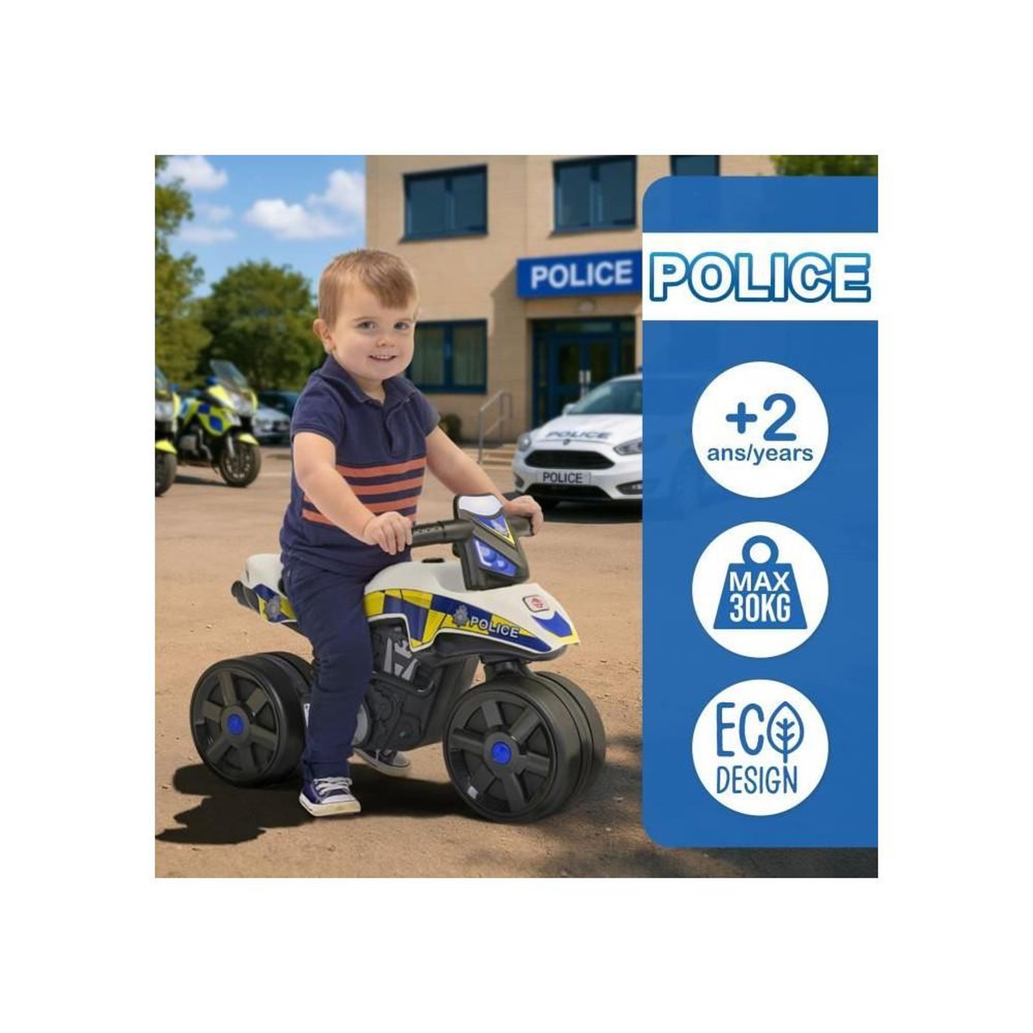 Voir la diapositive 3 : FALK Draisienne Moto Police - FALK - Larges roues et Guidon directionnel - Fabriqué en France - 40% de plastique recyclé - Des 2 an
