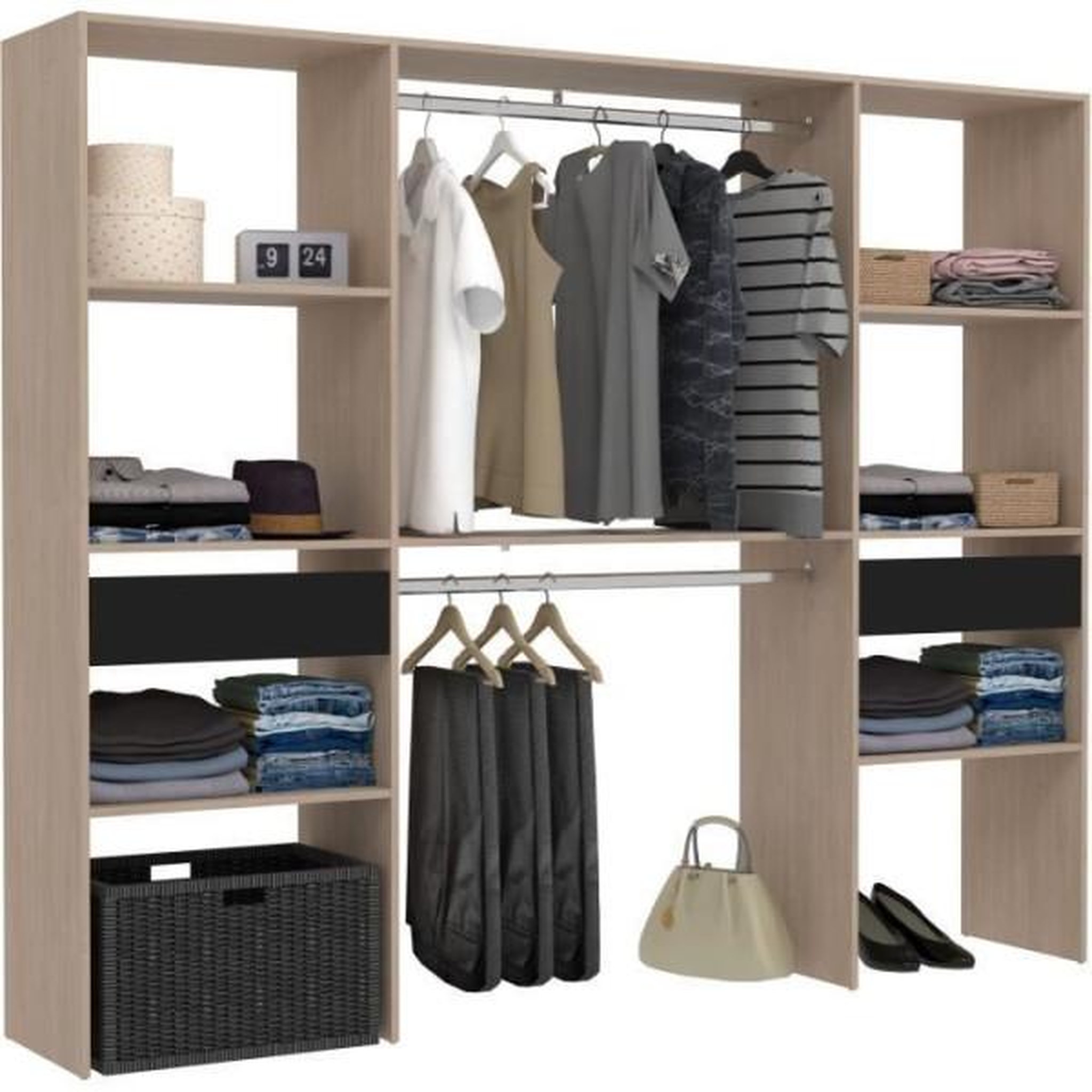 Voir la diapositive 2 : MARKET24 Kit dressing ARTIC EKIPA - Décor mélaminé chene jackson et noir - 2 penderies + 2 tiroirs- L220 x P40 x H180 cm -Fabriqué en