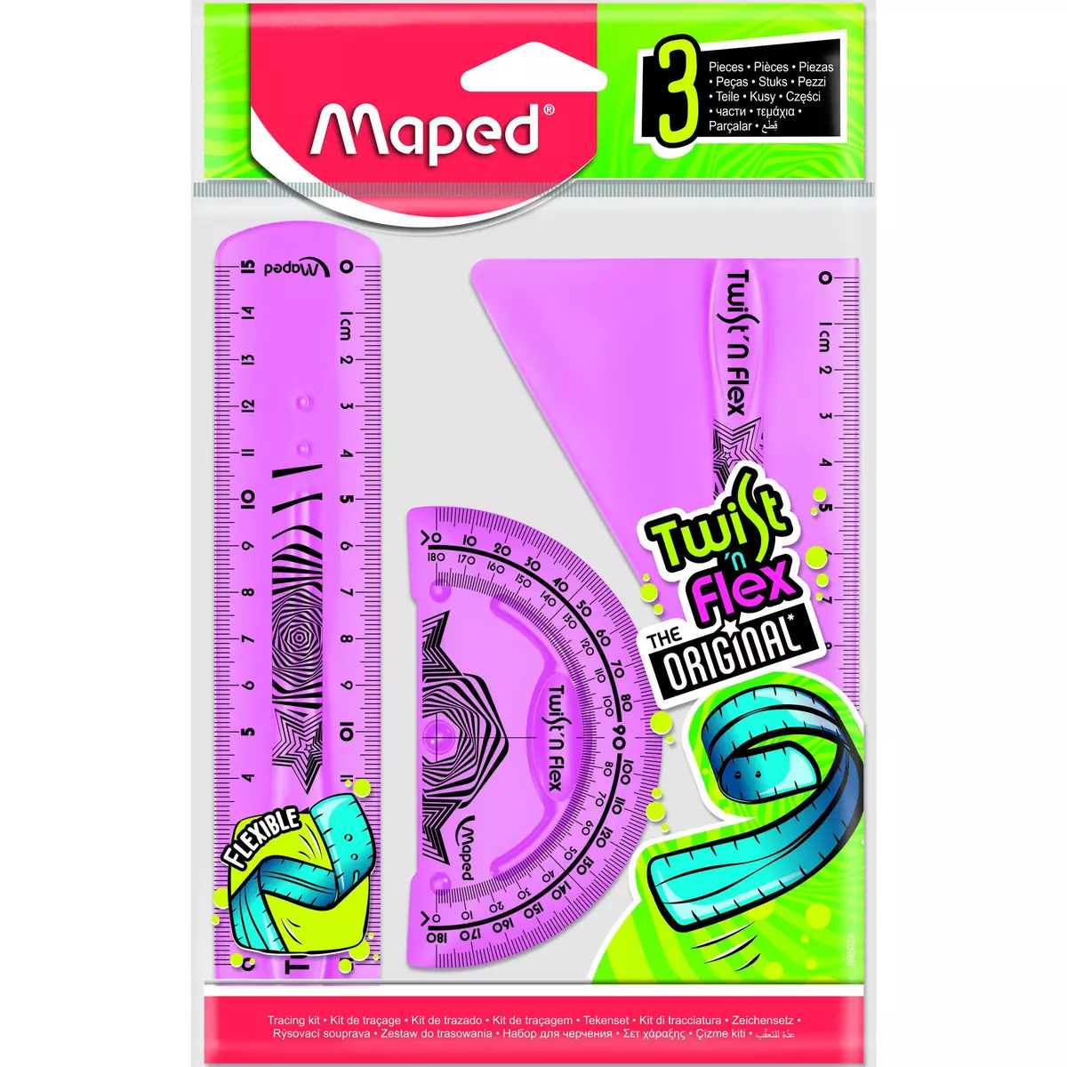MAPED Mini kit de traçage 3 pièces règle + équerre + rapporteur fléxible Twist N Flex Rose