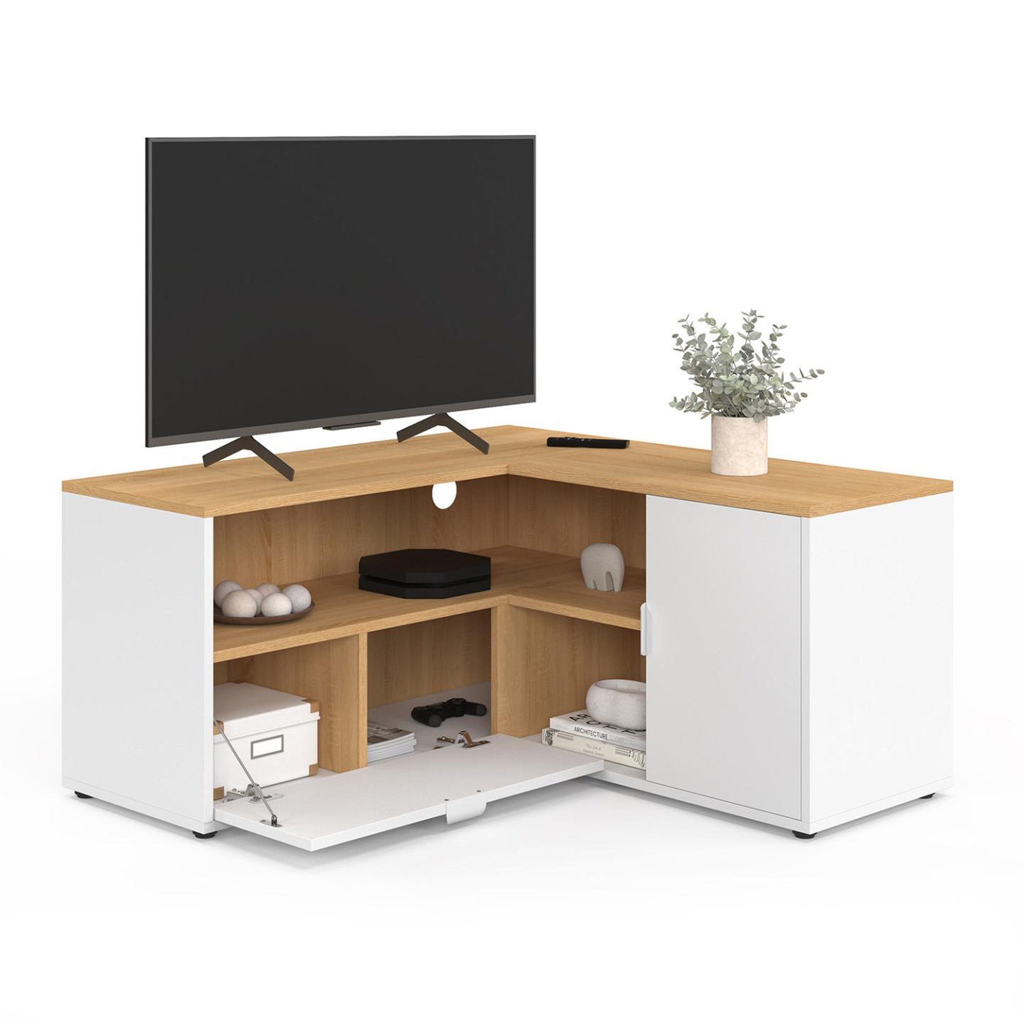Voir la diapositive 4 : ID MARKET Meuble tv 90 x 90 cm d'angle baltazar façon hêtre et blanc
