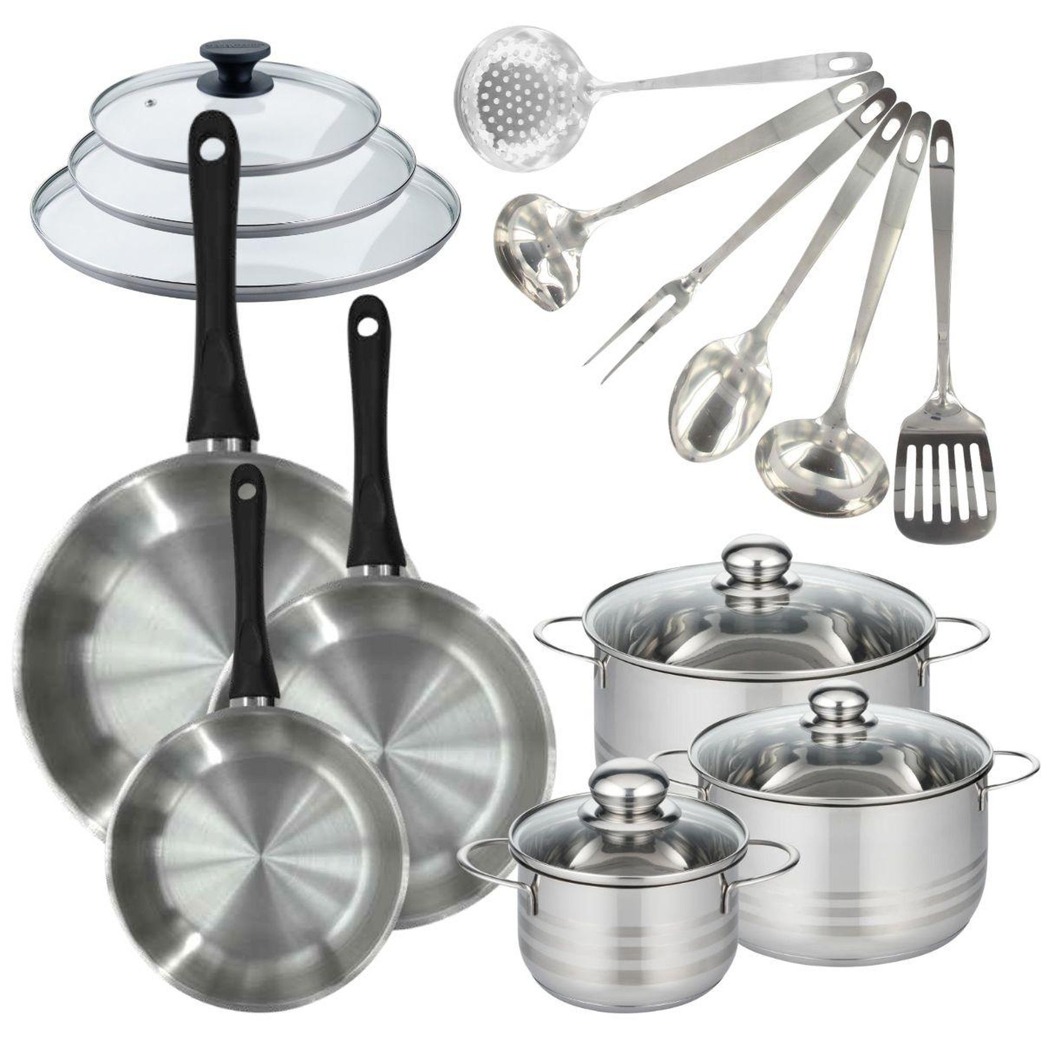 Fackelmann Batterie de cuisine 3 poêles 20/24/28 cm et couvercles, 3 faitouts 16/20/24 cm et 6 ustensiles fackelmann geneva