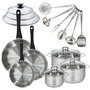 Voir la diapositive 1 : Fackelmann Set de 3 poêles 20, 24, 28 cm inox, couvercles verre, 3 faitouts inox 16, 20 et 24 cm et 6 ustensiles inox Fackelmann Geneva