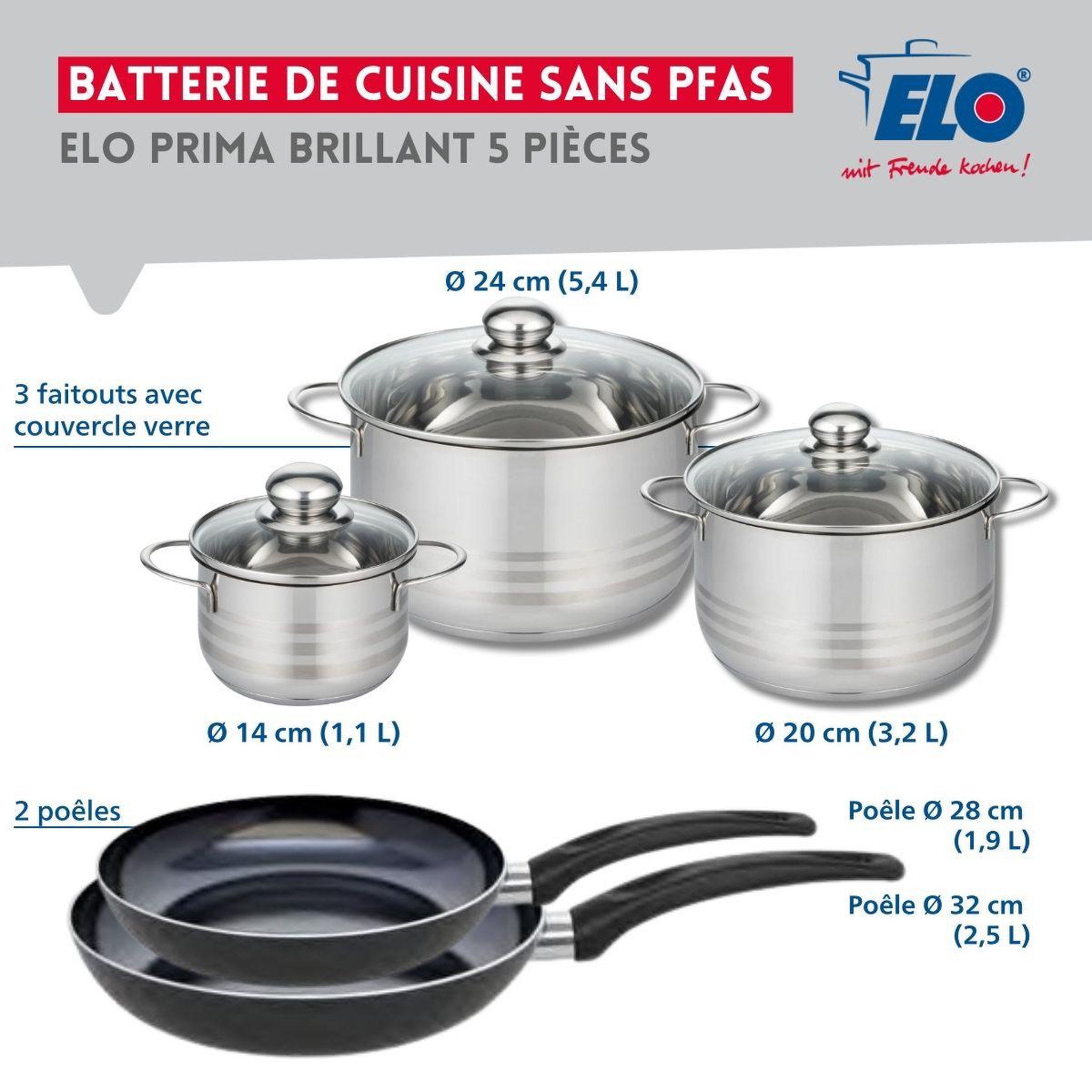Voir la diapositive 2 : ELO Ensemble de 2 poêles de cuisson 28 et 32 cm et 3 faitouts 14, 20 et 24 cm elo prima brillant