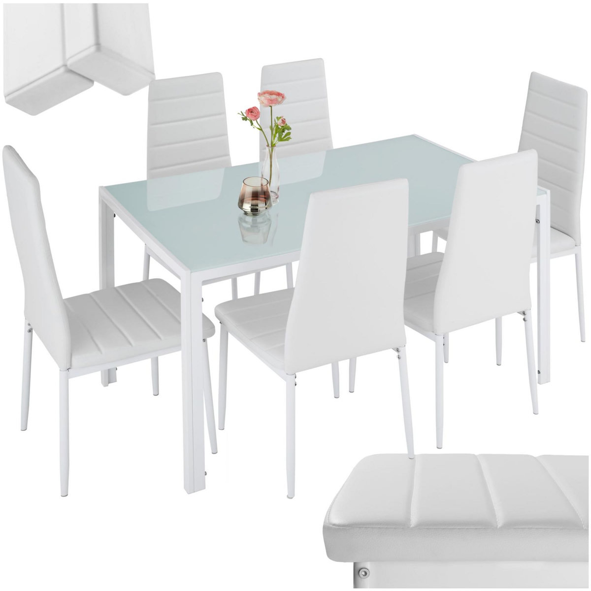 tectake Ensemble table et chaises de salle à manger rembourrées avec revêtement en cuir synthétique blanc/blanc