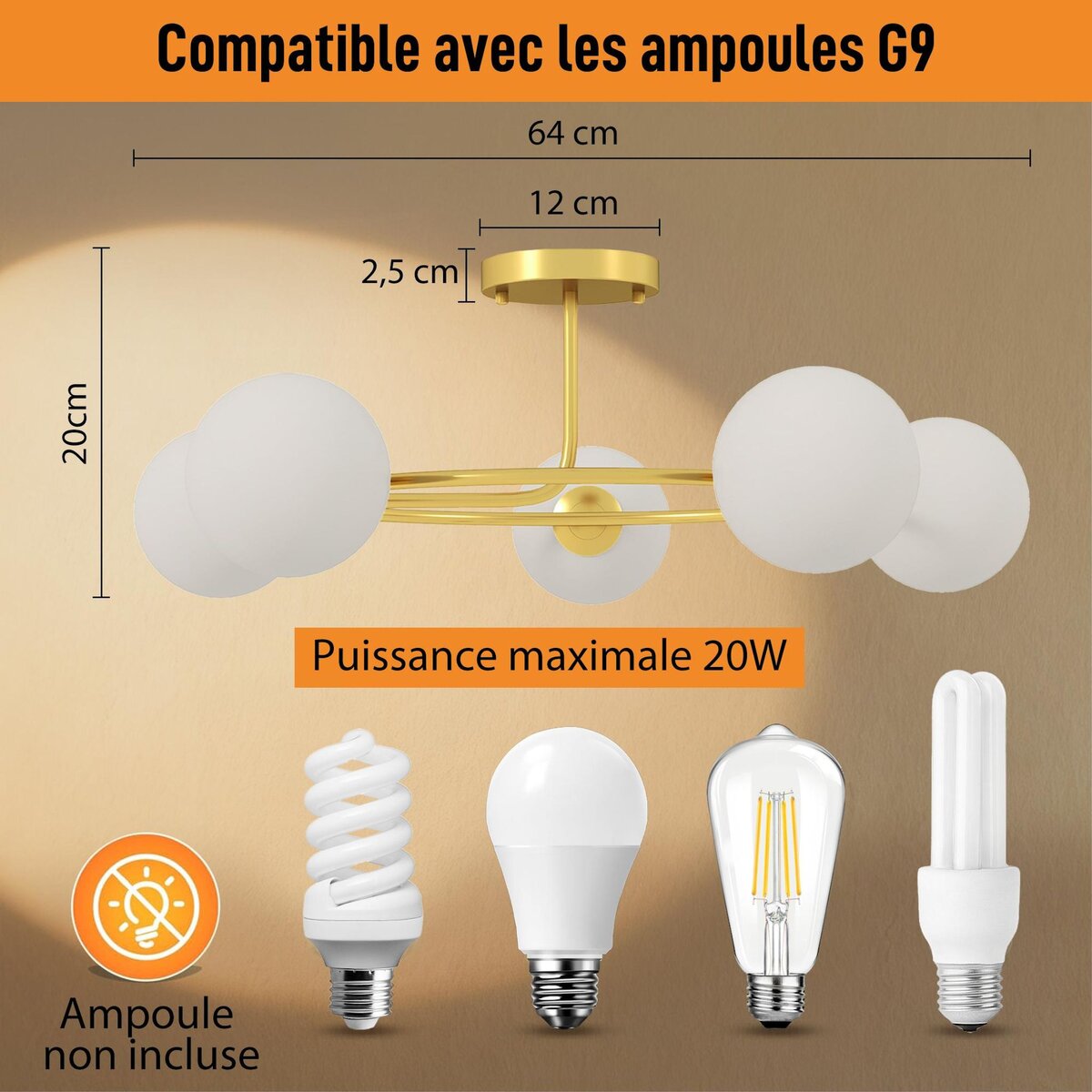 HOMCOM Plafonnier design néo-rétro 5 globes verre blanc opaque max. 20W métal doré