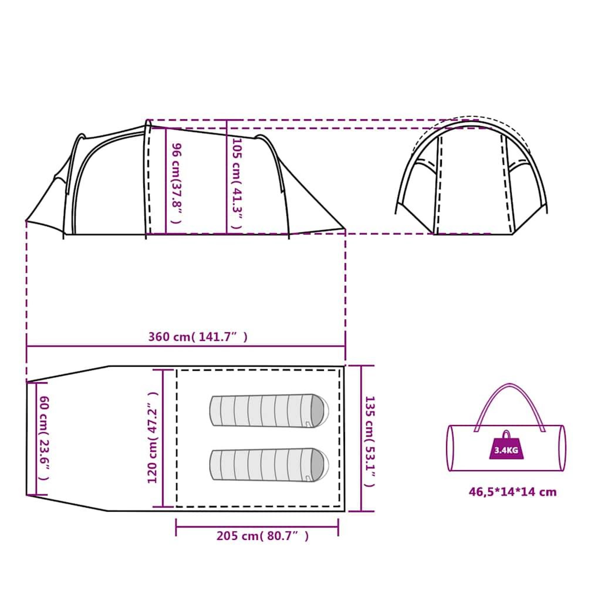 Voir la diapositive 6 : VIDAXL Tente de camping tunnel 2 personnes vert impermeable