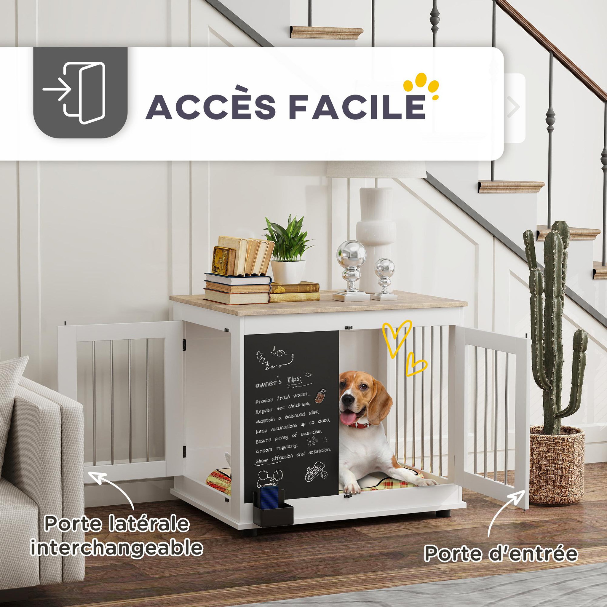 Voir la diapositive 5 : PAWHUT Cage pour chien intérieur - cage d'intérieur design - 2 portes - tableau noir pour craie - barreaux acier