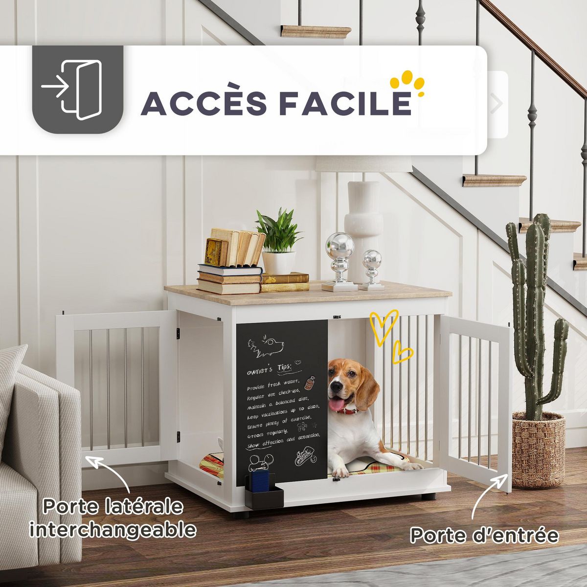 PAWHUT Cage pour chien intérieur - cage d'intérieur design - 2 portes - tableau noir pour craie - barreaux acier