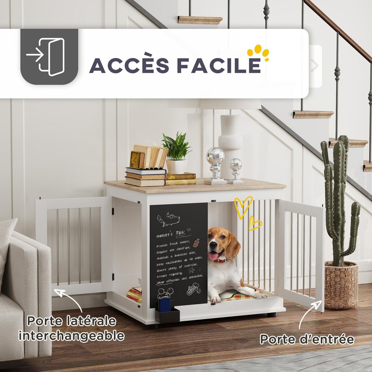 PAWHUT Cage pour chien intérieur - cage d'intérieur design - 2 portes - tableau noir pour craie - barreaux acier