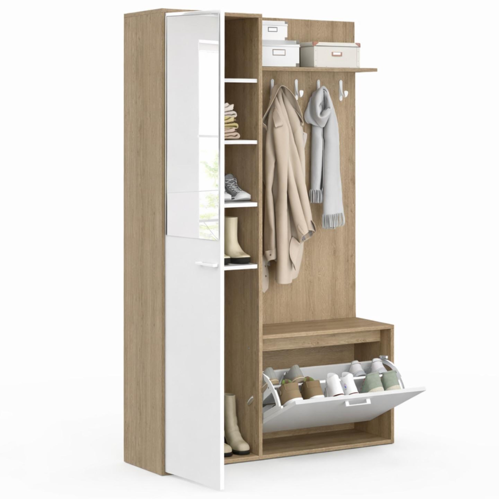 Voir la diapositive 4 : ID MARKET Vestiaire d'entrée rangement chaussures avec miroir et étagères mahaut 1 porte effet bois et blanc