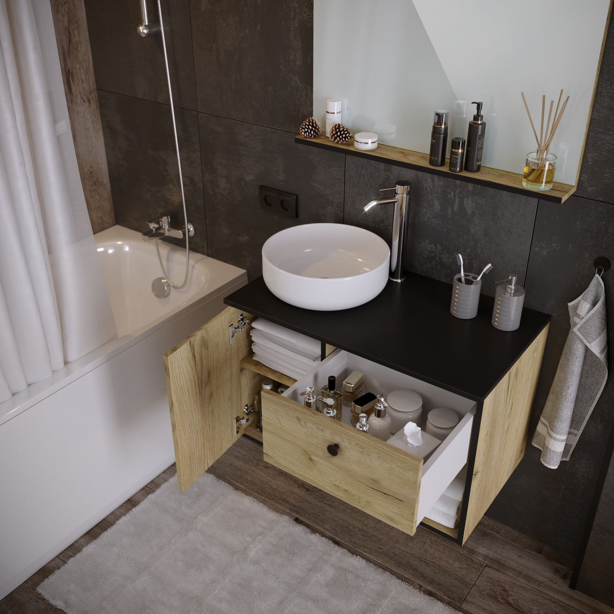 Voir la diapositive 3 : Meuble salle de bain avec vasque et miroir L80cm LURDES
